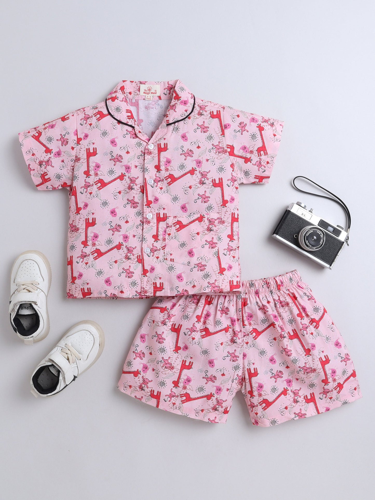 Cotton Woven Half Sleeves Animals Printed Coordinating Night Suit Set - Peach