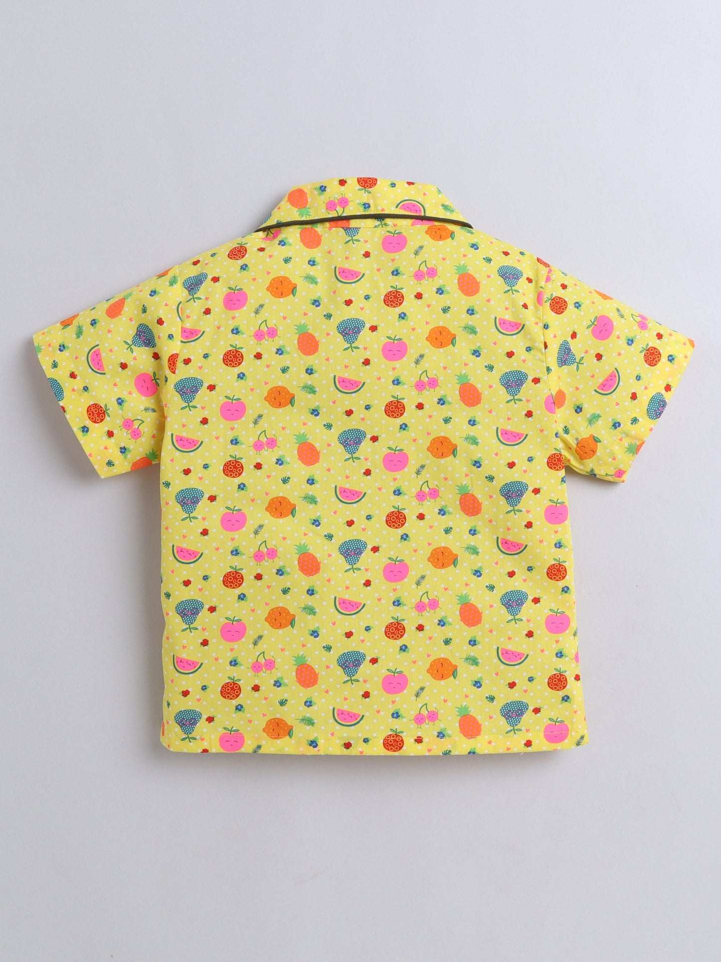 Cotton Woven Half Sleeves Fruits Printed Coordinating Night Suit Set - Yellow