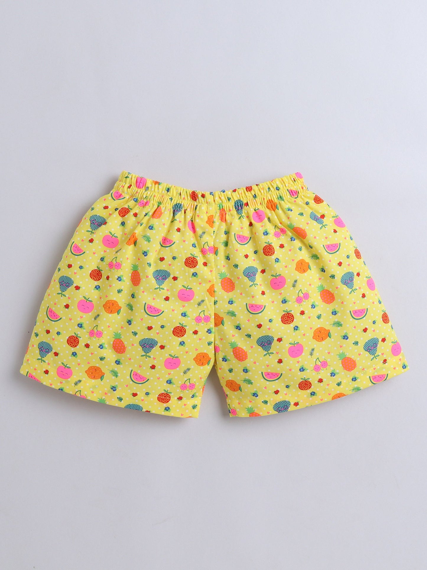 Cotton Woven Half Sleeves Fruits Printed Coordinating Night Suit Set - Yellow