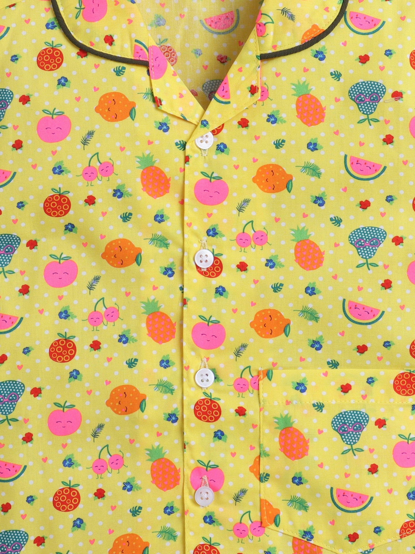 Cotton Woven Half Sleeves Fruits Printed Coordinating Night Suit Set - Yellow