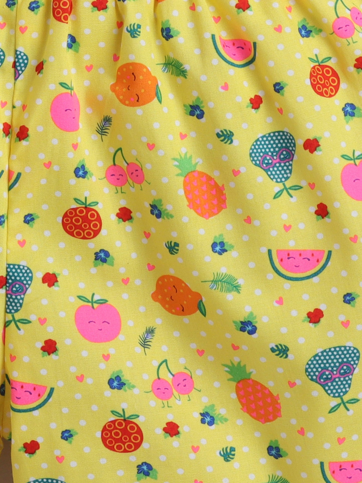 Cotton Woven Half Sleeves Fruits Printed Coordinating Night Suit Set - Yellow