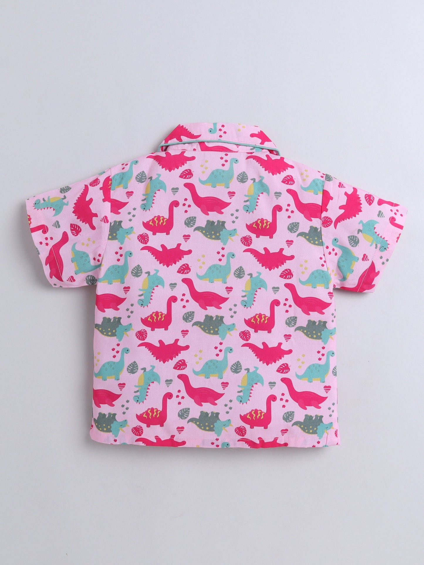 Cotton Woven Half Sleeves Dinosaur Printed Coordinating Night Suit Set - Pink