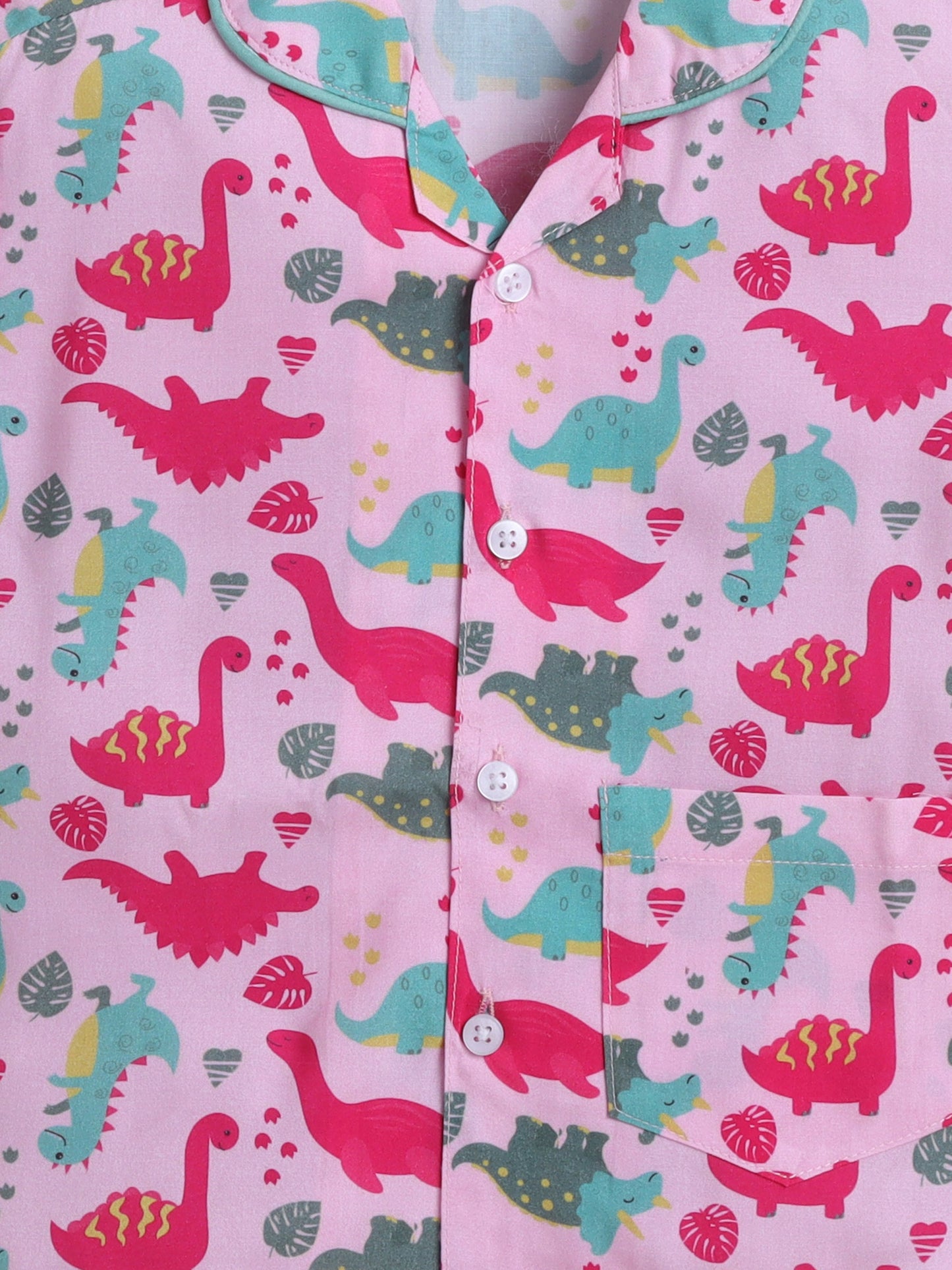 Cotton Woven Half Sleeves Dinosaur Printed Coordinating Night Suit Set - Pink