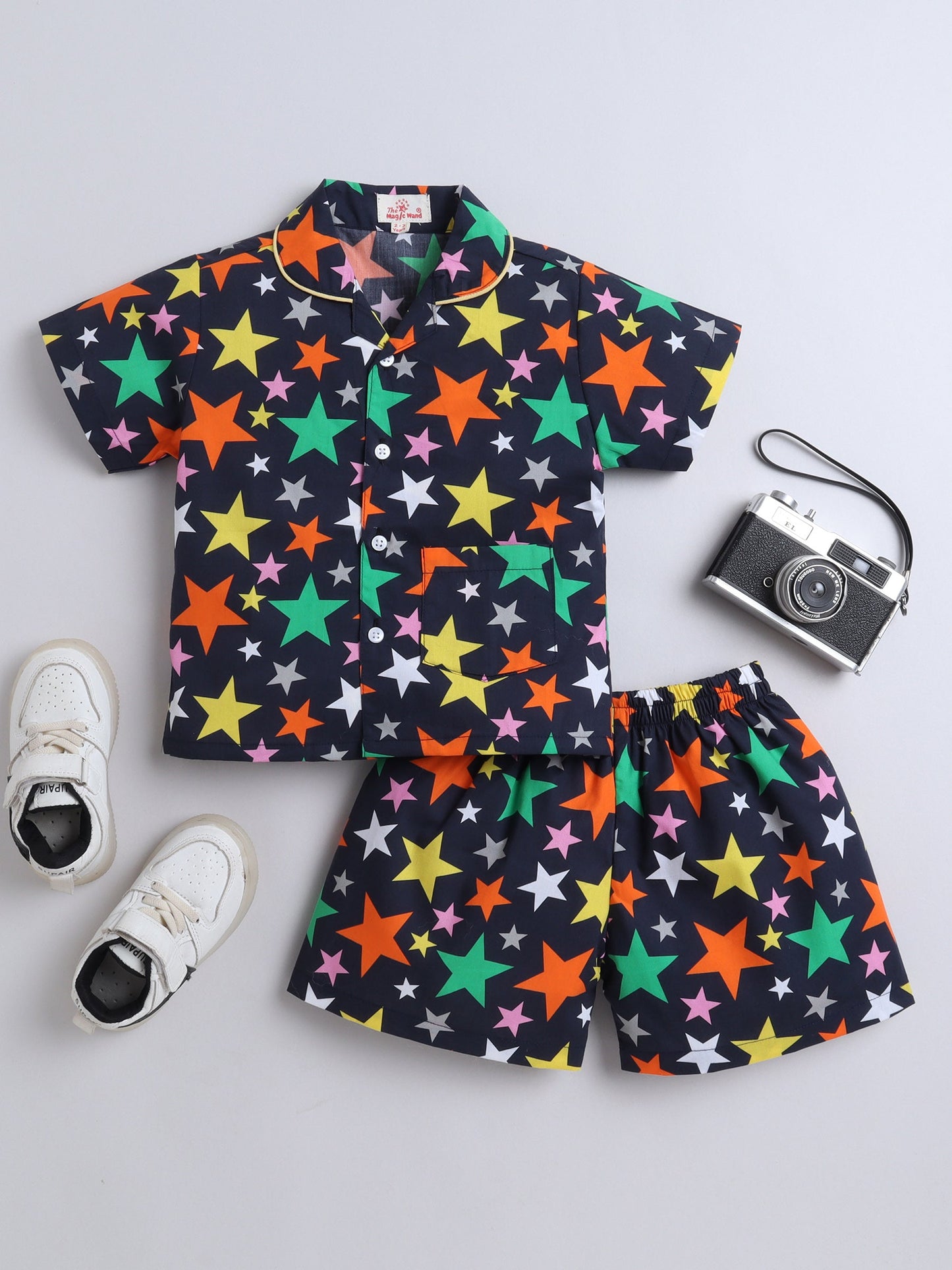 Cotton Woven Half Sleeves Stars Printed Shirt & Coordinating Shorts Set - Navy Blue