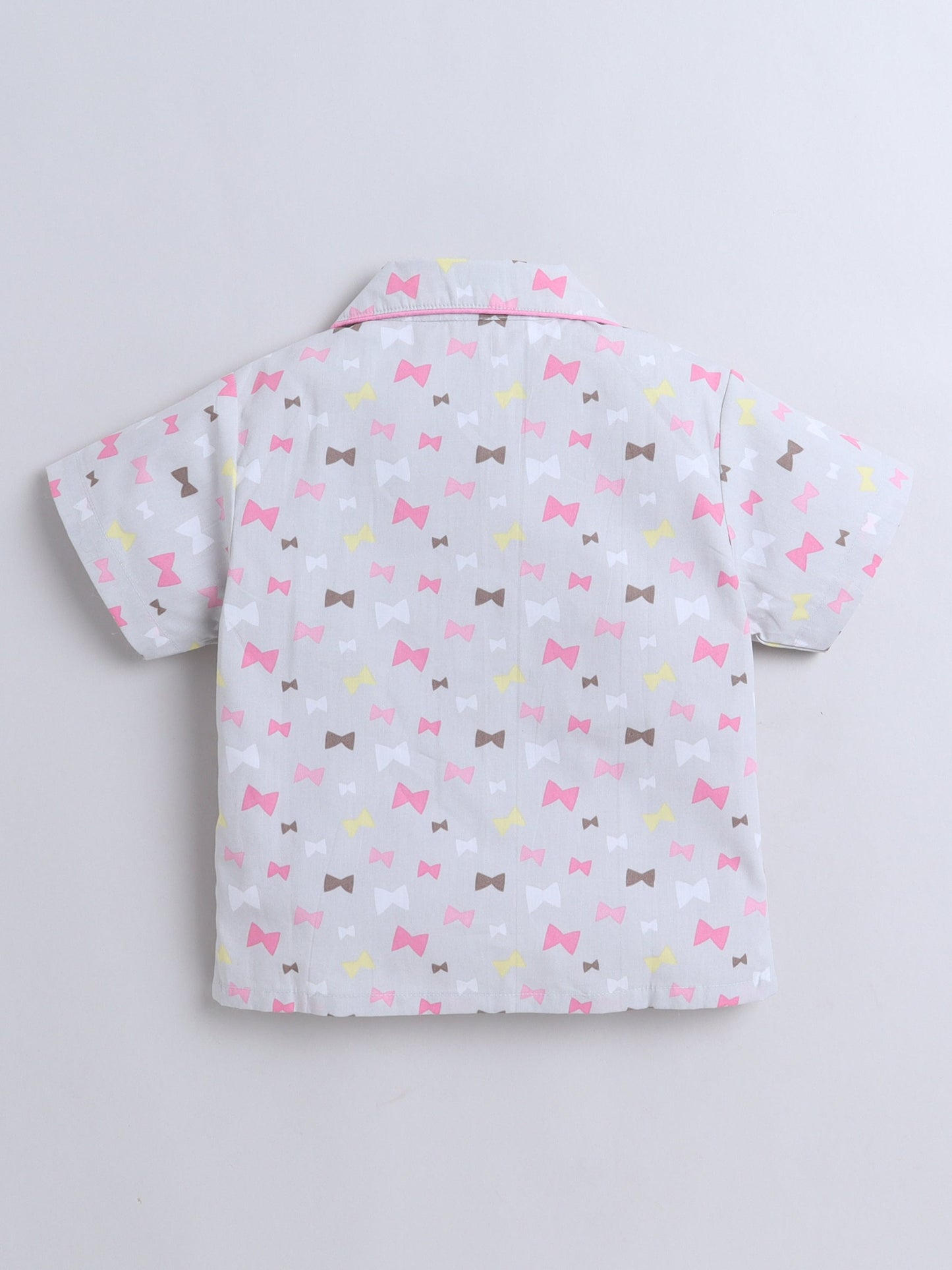 Cotton Woven Half Sleeves Bow Printed Shirt & Coordinating Shorts Set - Grey