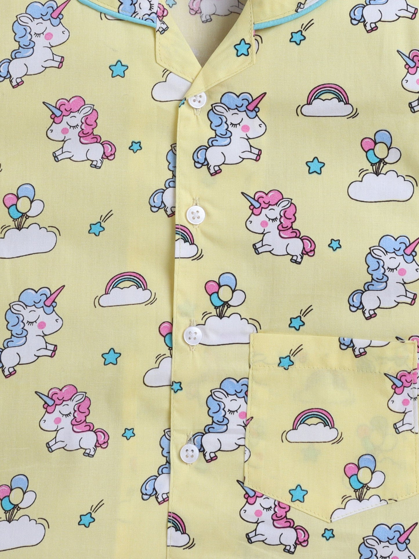 Cotton Woven Half Sleeves Unicorn Printed Shirt & Coordinating Shorts Set - Yellow