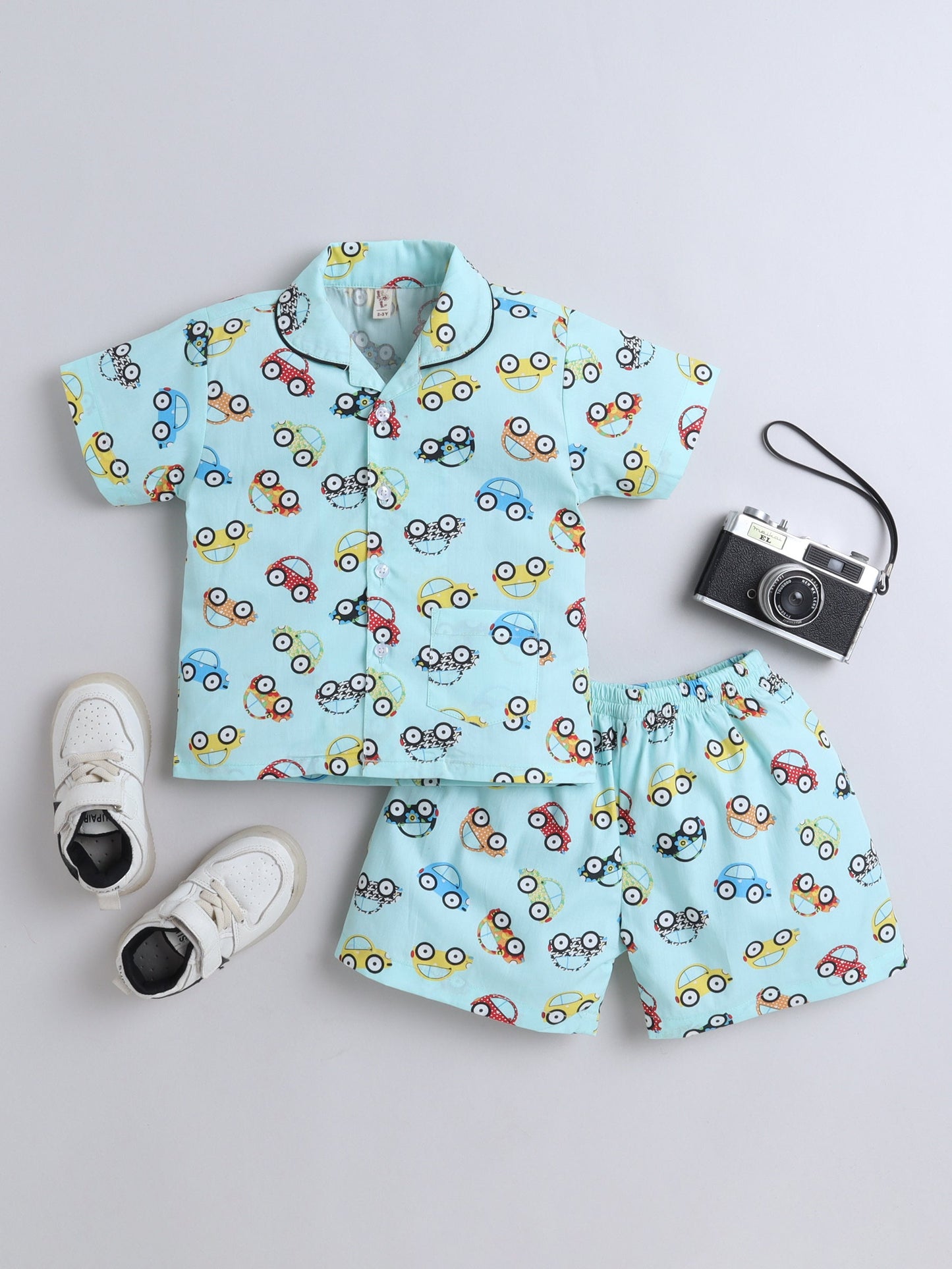 The Magic Wand Cotton Half Sleeve Car Printed Night Suit Set Blue