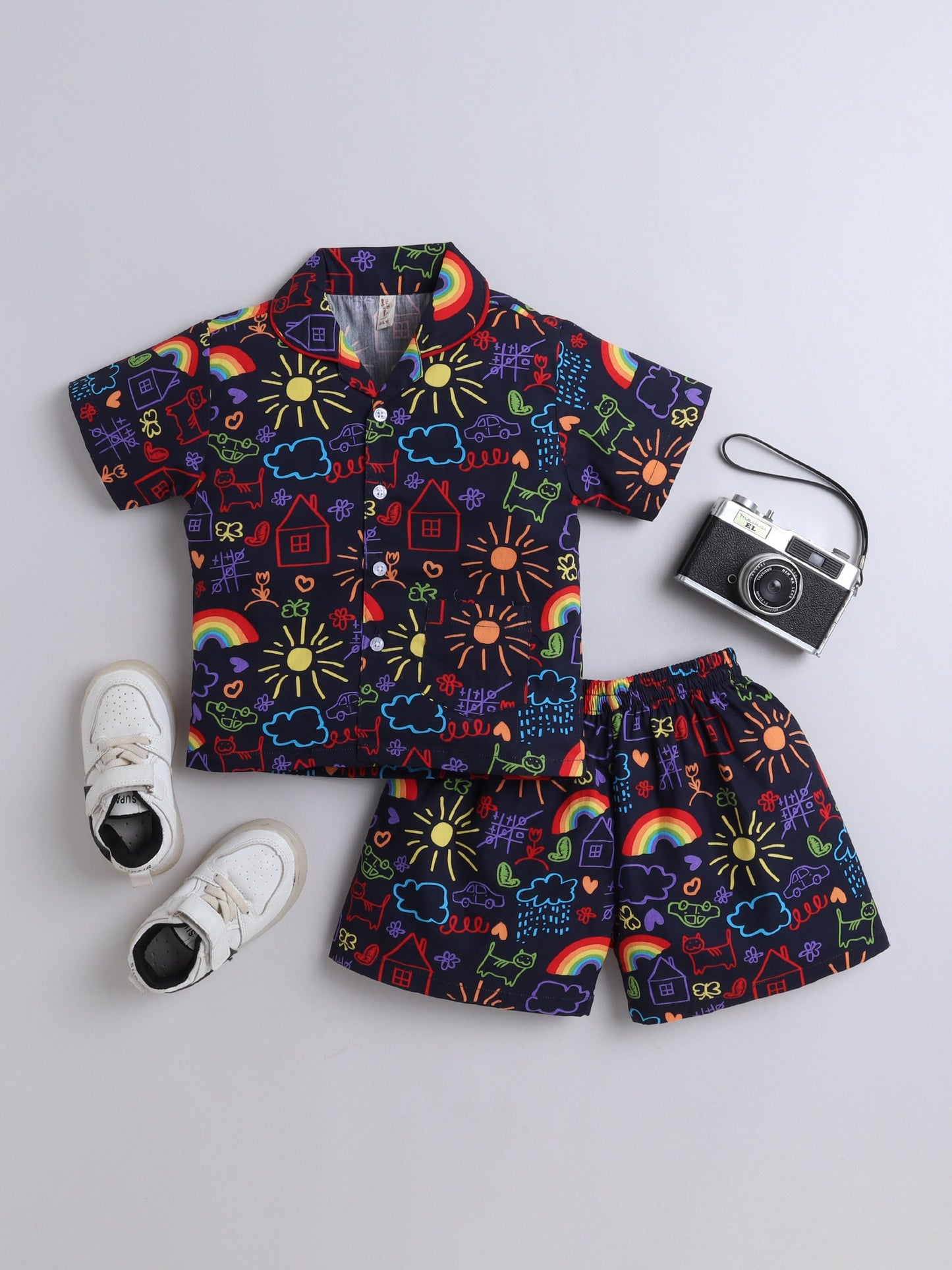 Cotton Woven Half Sleeves Doodle Art Printed Coordinating Night Suit Set - Blue