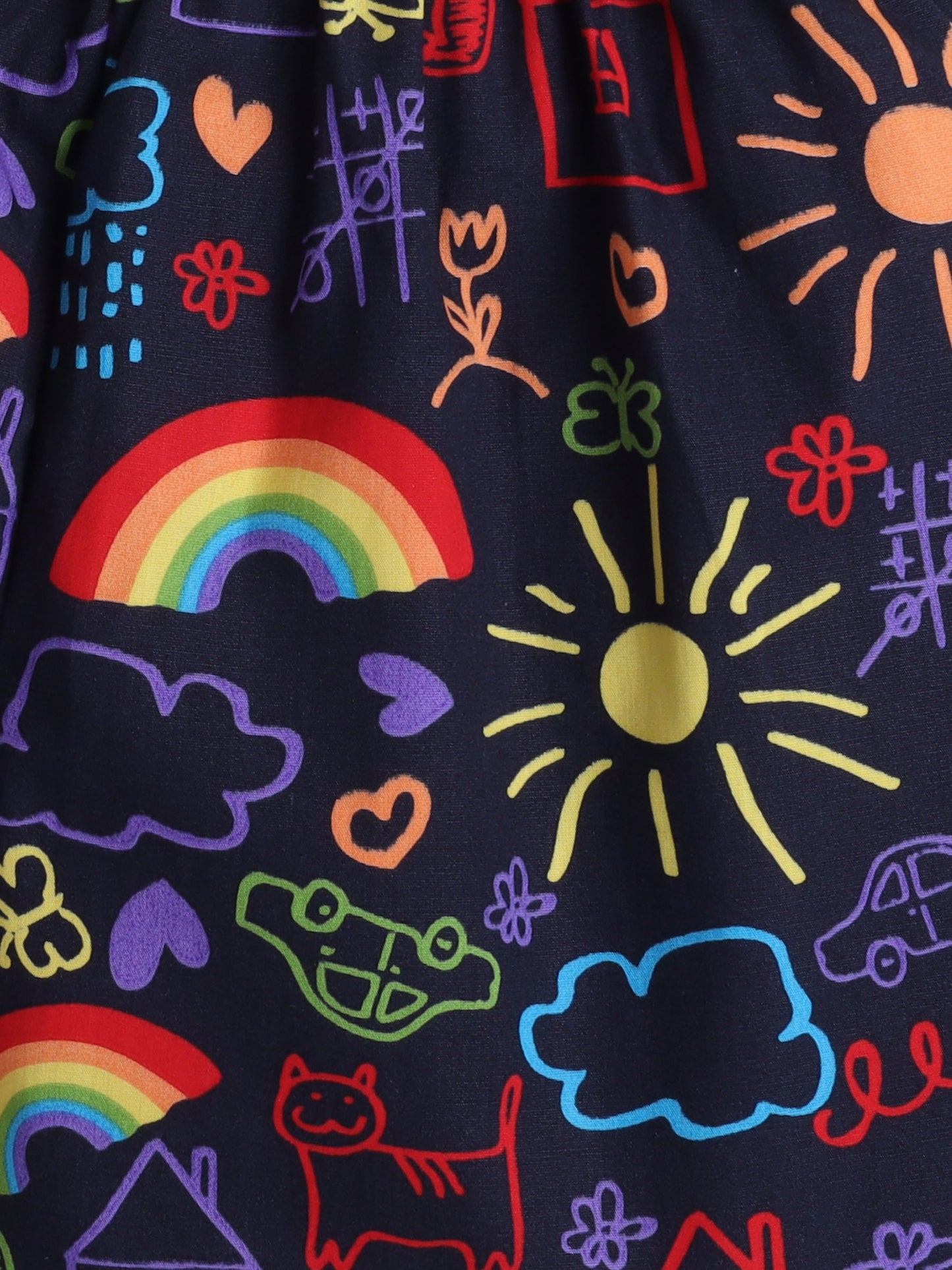 Cotton Woven Half Sleeves Doodle Art Printed Night Suit Set - Black