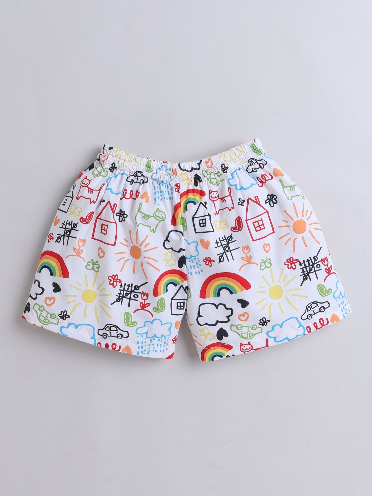 Cotton Woven Half Sleeves Doodle Art Printed Coordinating Night Suit Set - White