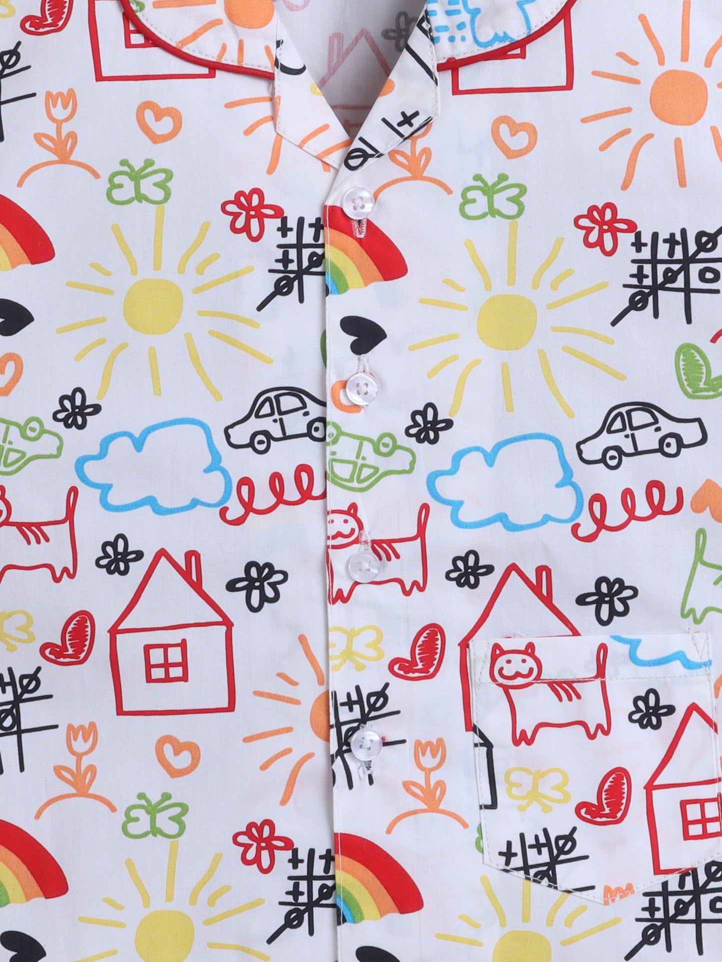 Cotton Woven Half Sleeves Doodle Art Printed Coordinating Night Suit Set - White