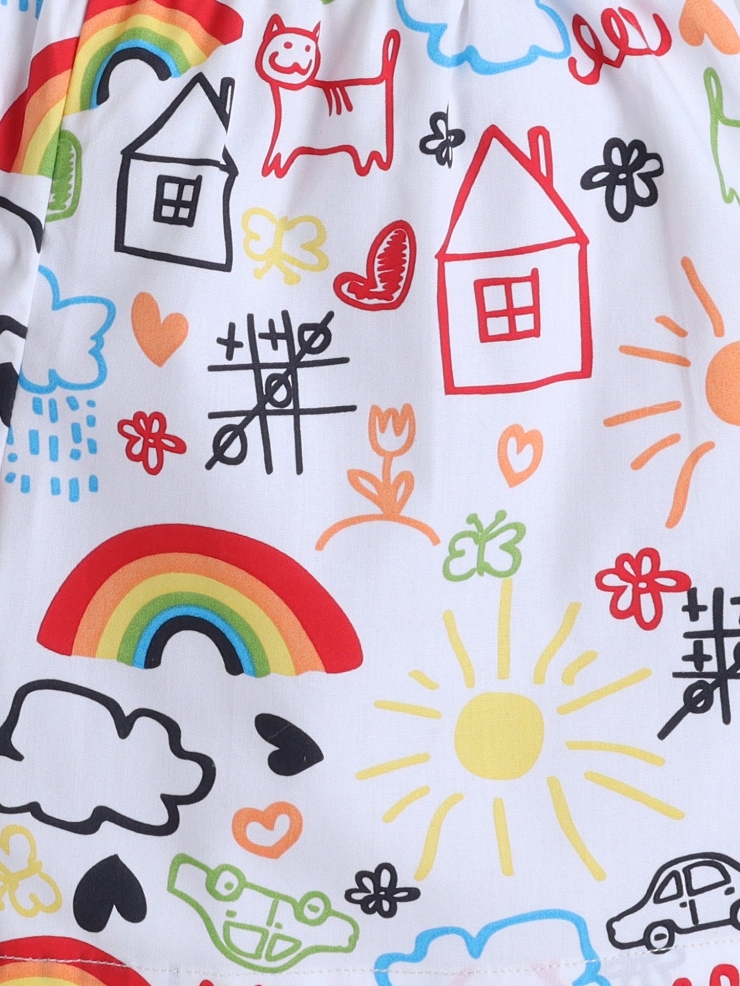 Cotton Woven Half Sleeves Doodle Art Printed Night Suit Set - White