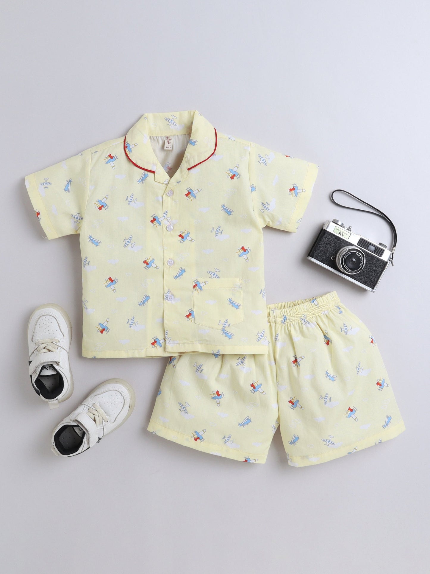 The Magic Wand Cotton Half Sleeve Airplane Printed Night Suit Set Yellow