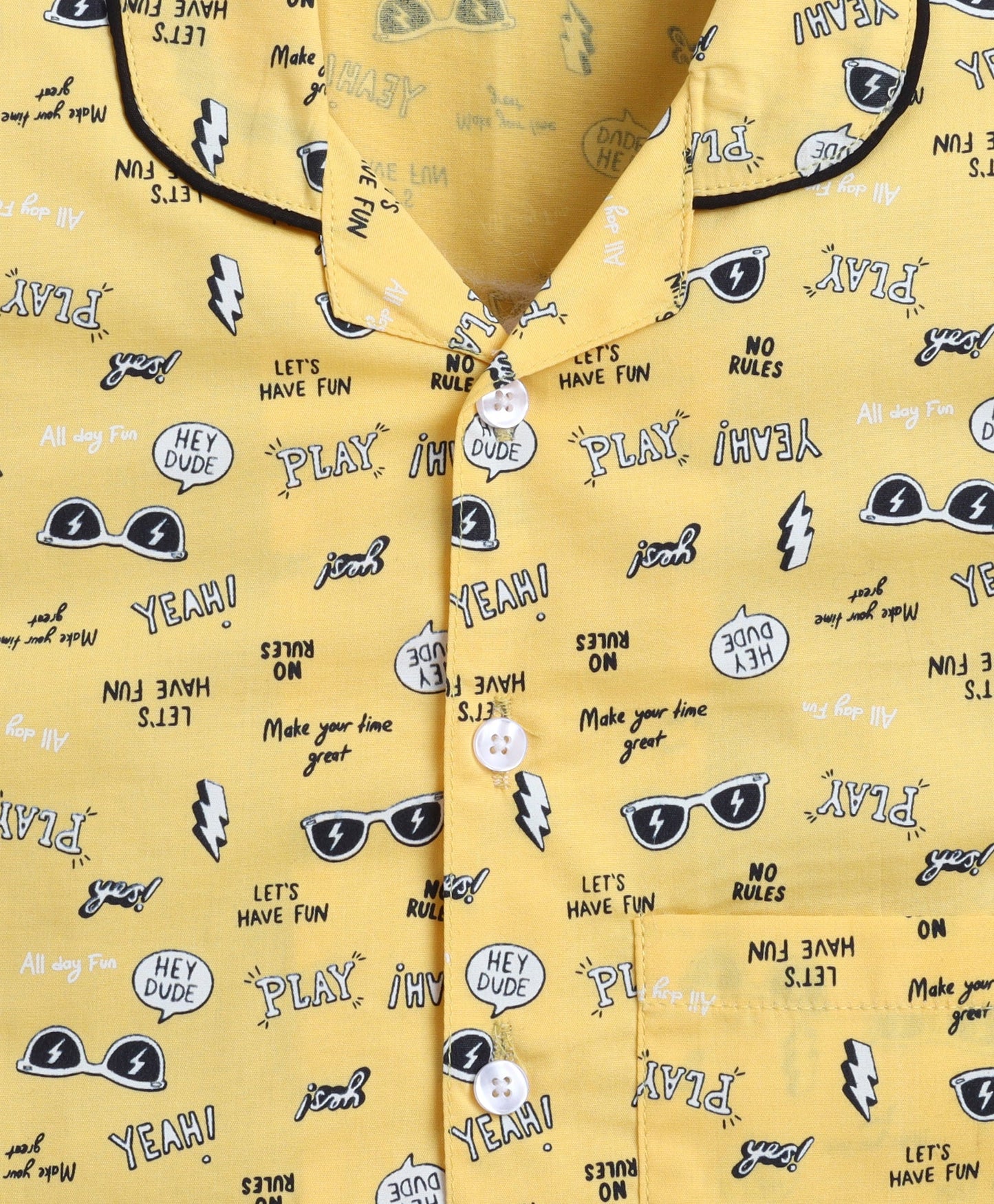 The Magic Wand Poplin Cotton Half Sleeves Sunglasses Printed Night Suit Set- Yellow