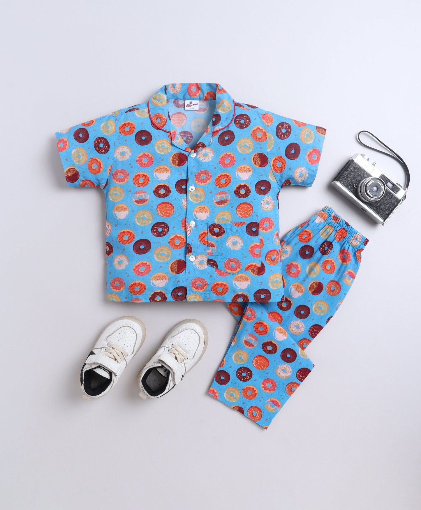 The Magic Wand Poplin Cotton Half Sleeves Donuts Printed Night Suit Set- Blue