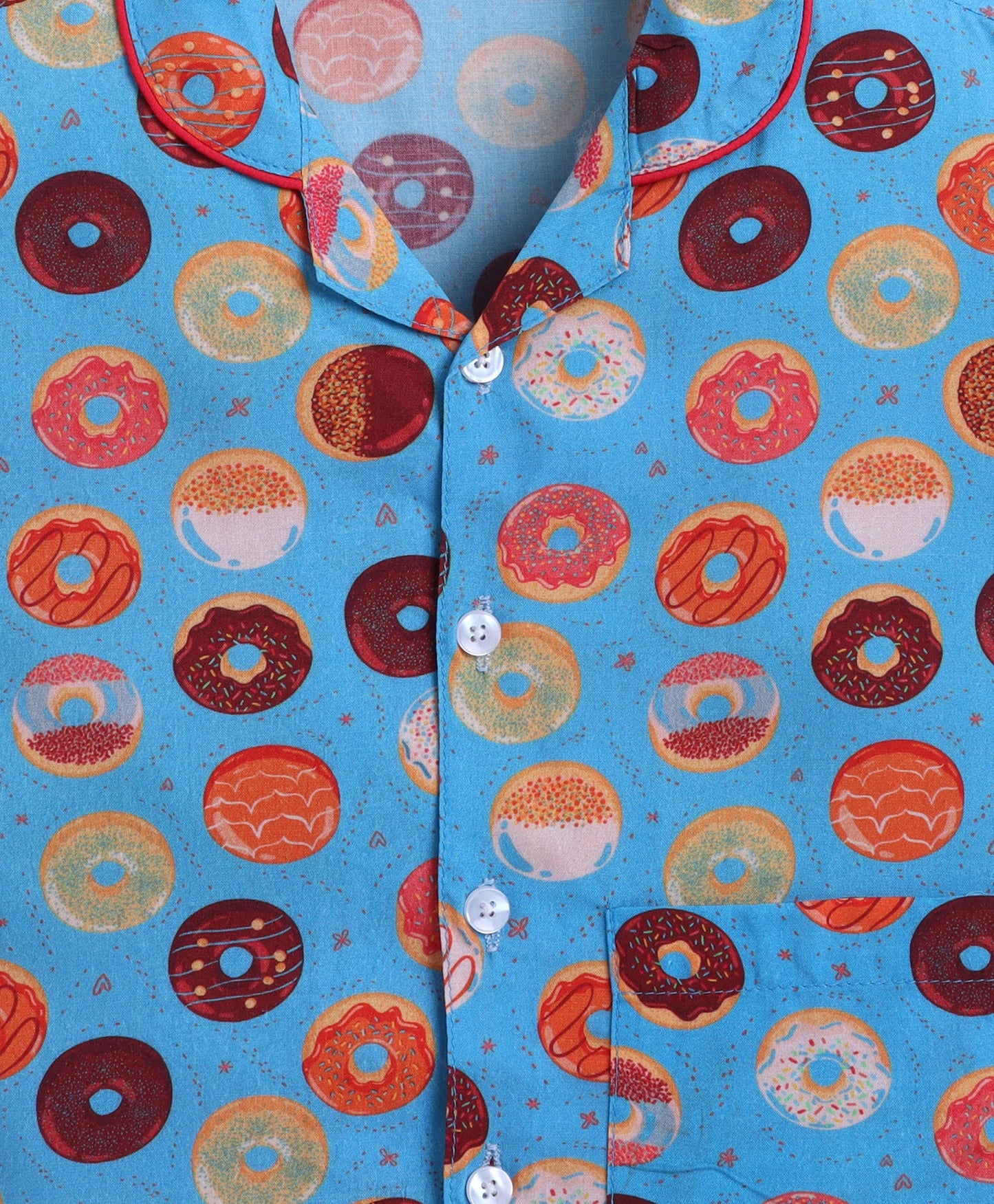 The Magic Wand Poplin Cotton Half Sleeves Donuts Printed Night Suit Set- Blue