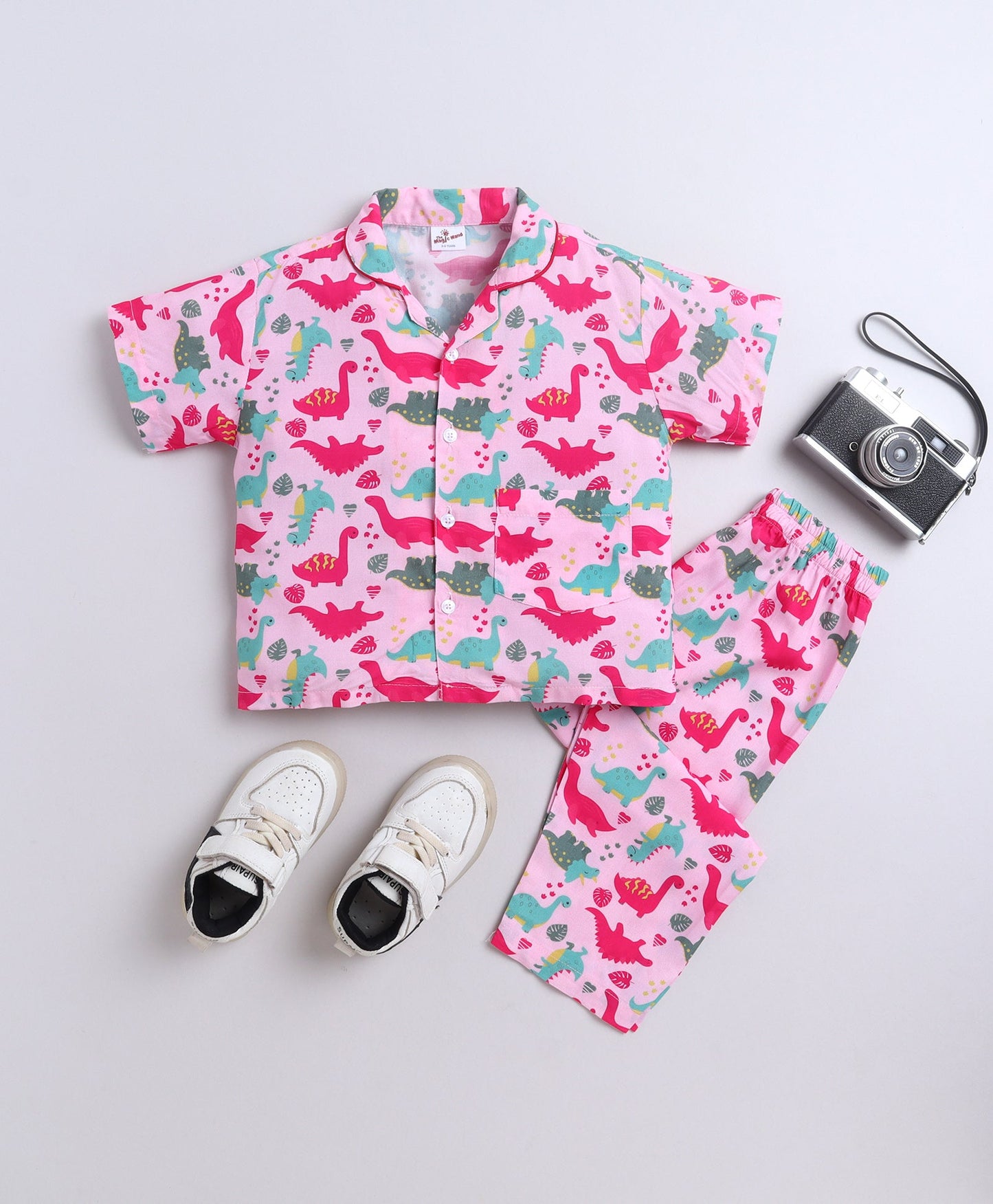 The Magic Wand Poplin Cotton Half Sleeves Dinosaur Printed Night Suit Set- Pink
