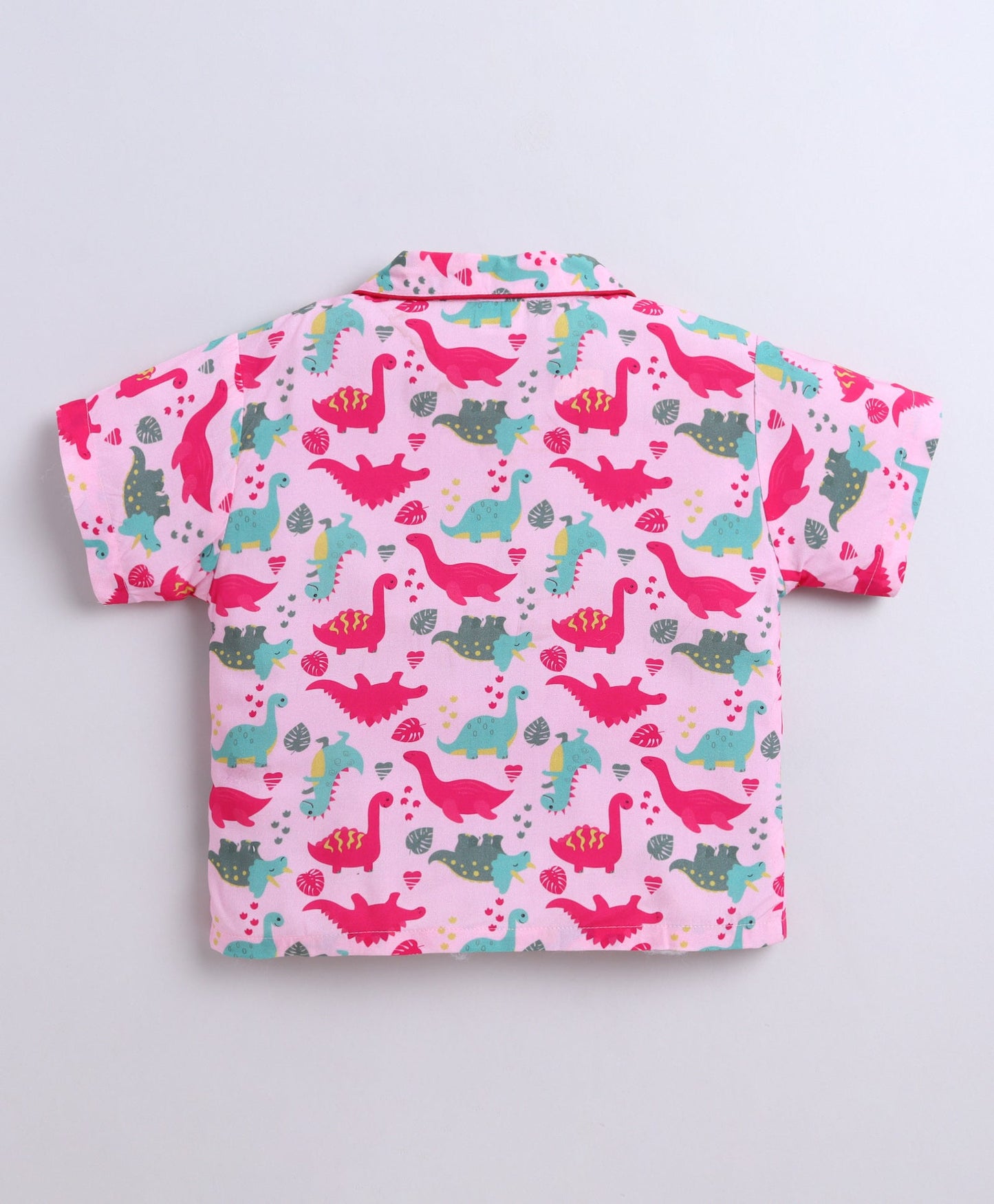 The Magic Wand Poplin Cotton Half Sleeves Dinosaur Printed Night Suit Set- Pink
