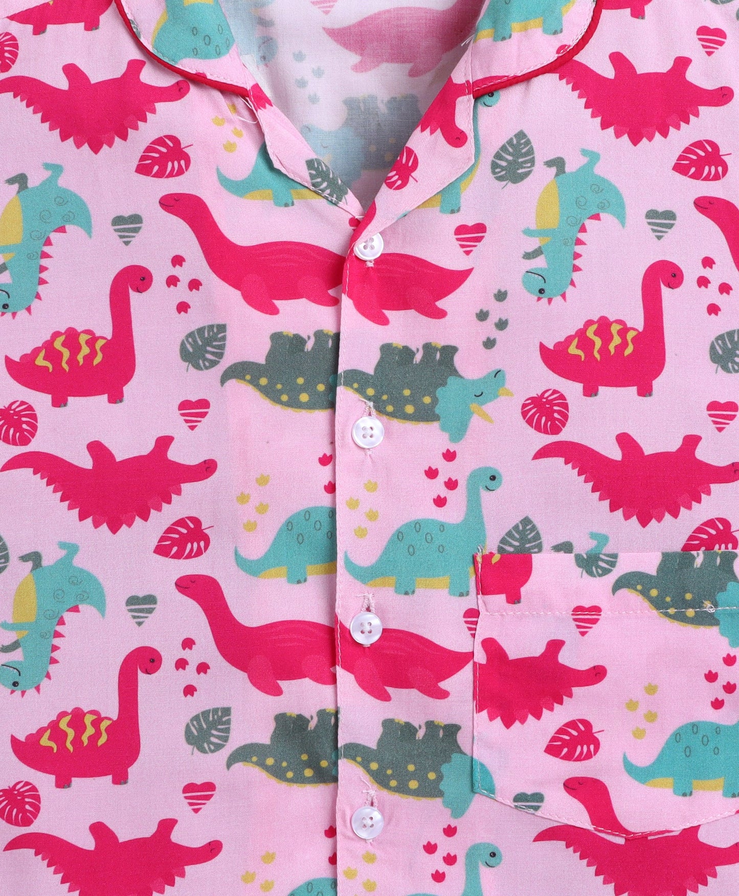 The Magic Wand Poplin Cotton Half Sleeves Dinosaur Printed Night Suit Set- Pink