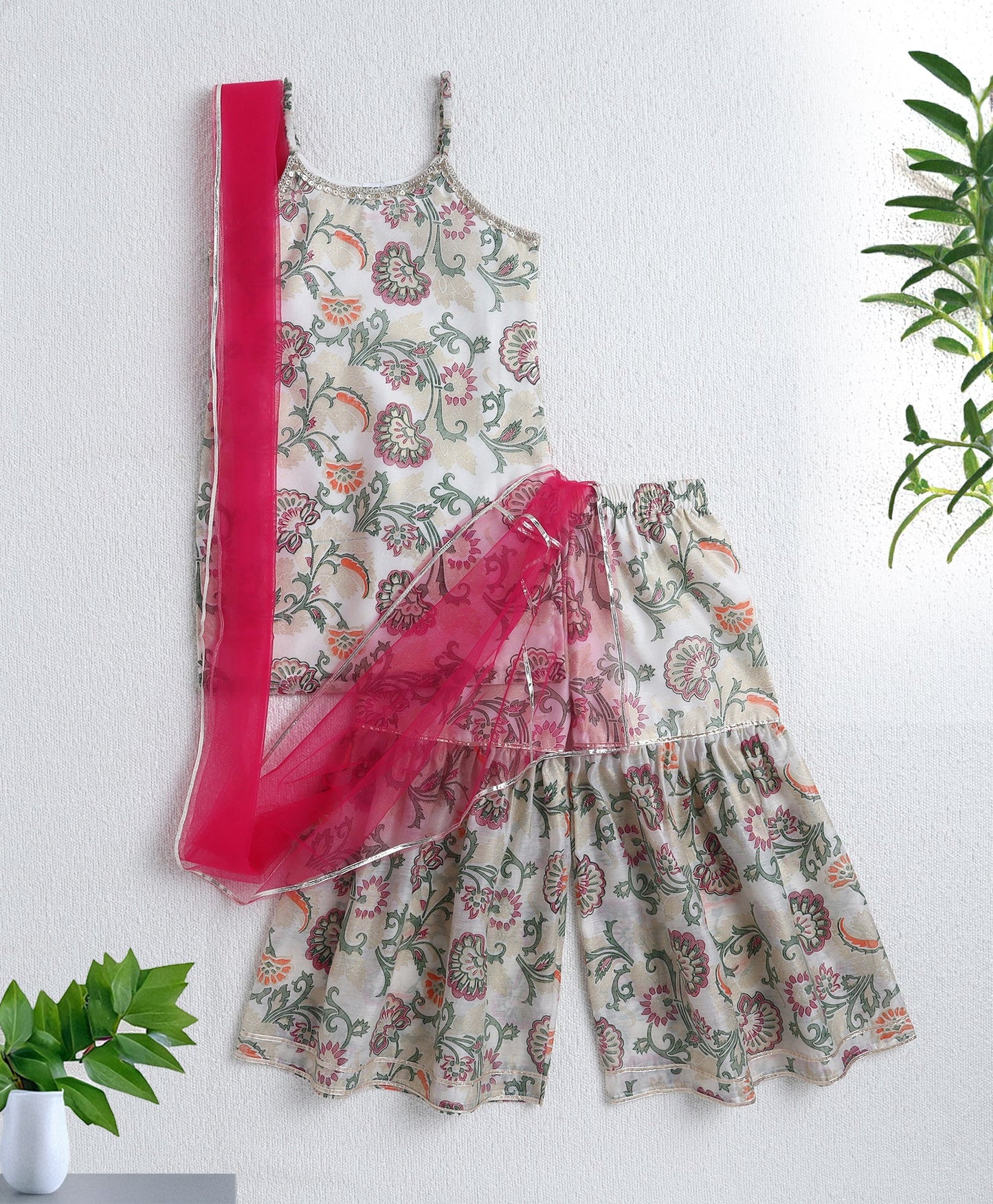 The Magic Wand Woven Strappy Floral Multi Color Foil Printed Kurta and Sharara with Dupatta- Off White