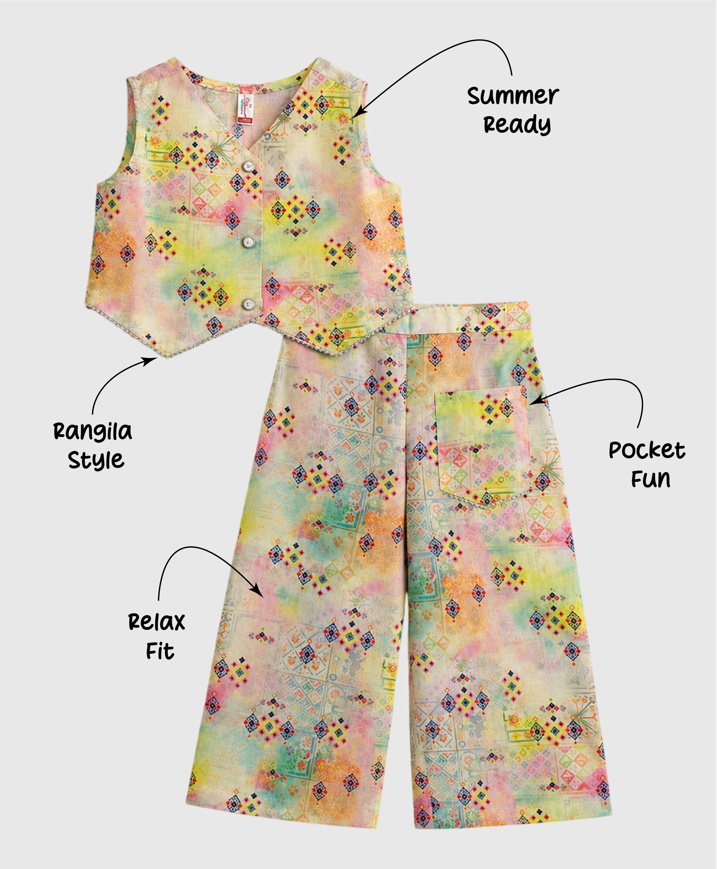 The Magic Wand Woven Sleeveless Watercolour Wash Printed Top And Pant With Patch Pocket- Multicolor