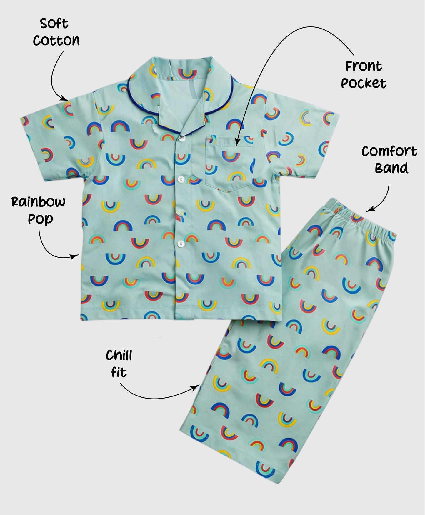 The Magic Wand Woven Half Sleeves Rainbow Theme Shirt And Pyjama Nightsuit Set - Blue