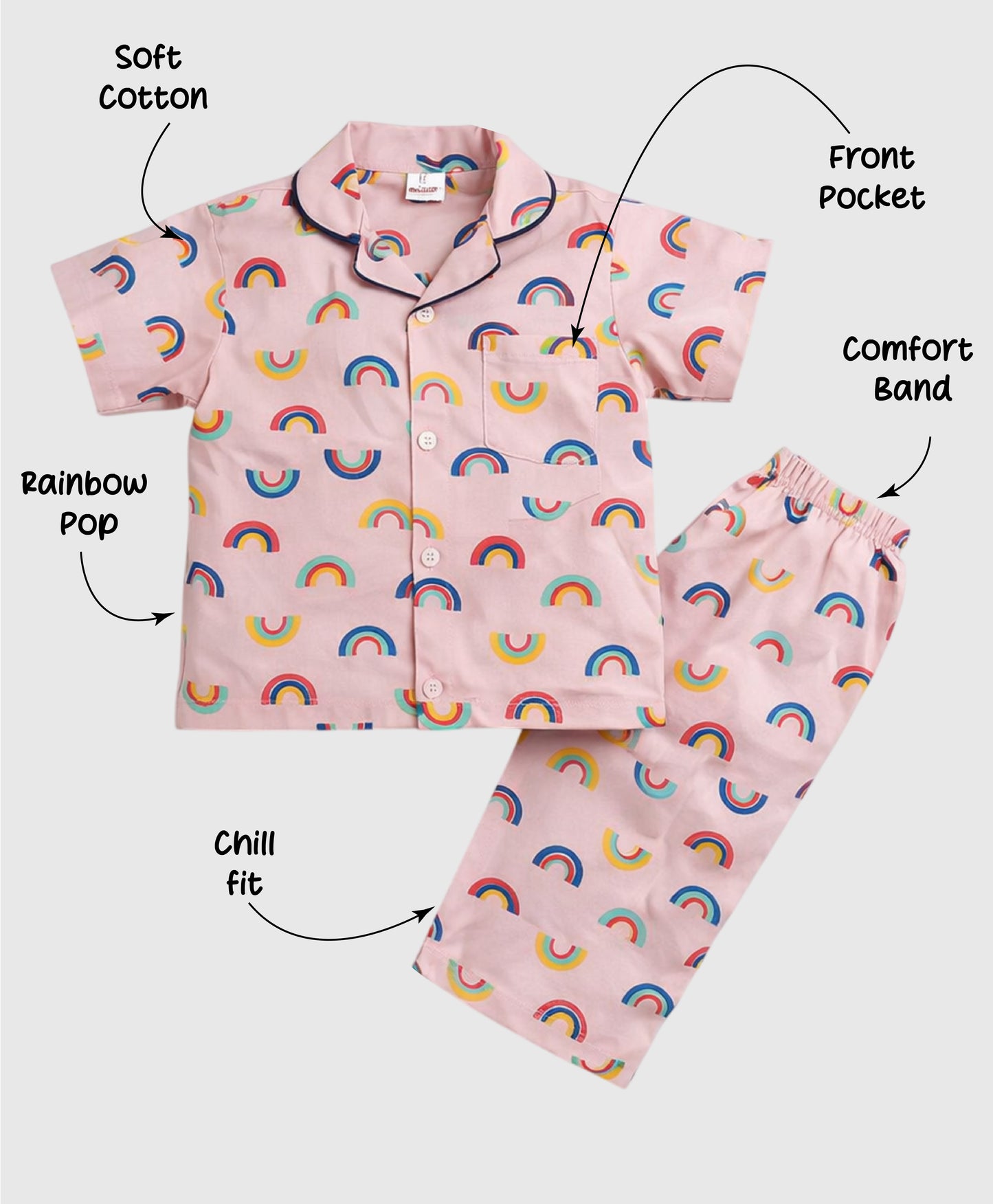 The Magic Wand Woven Half Sleeves Rainbow Theme Shirt And Pyjama Nightsuit Set - Pink