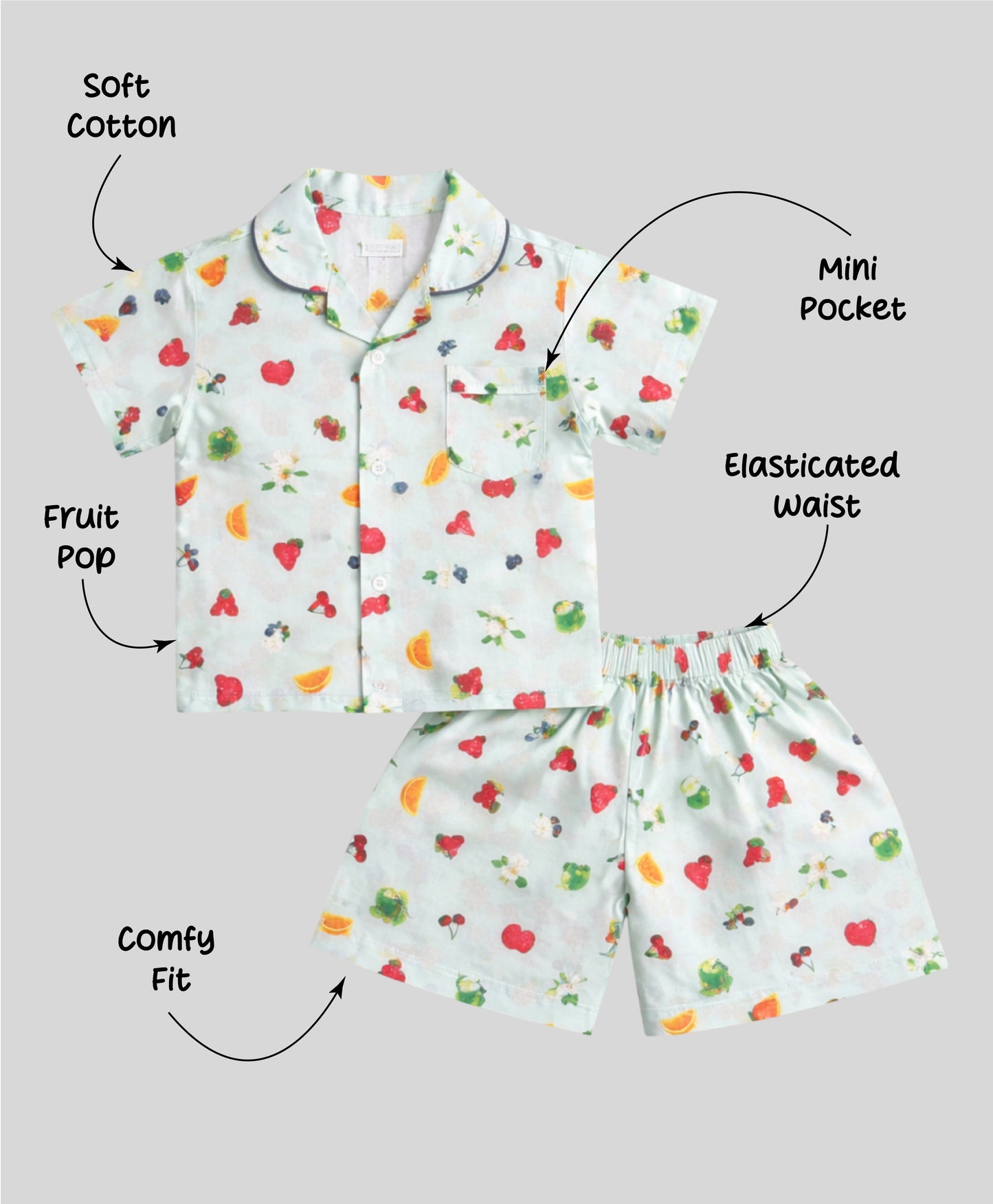 The Magic Wand Cotton Woven Half Sleeves Fruits Printed Shirt And Shorts Nightsuit Set - Blue