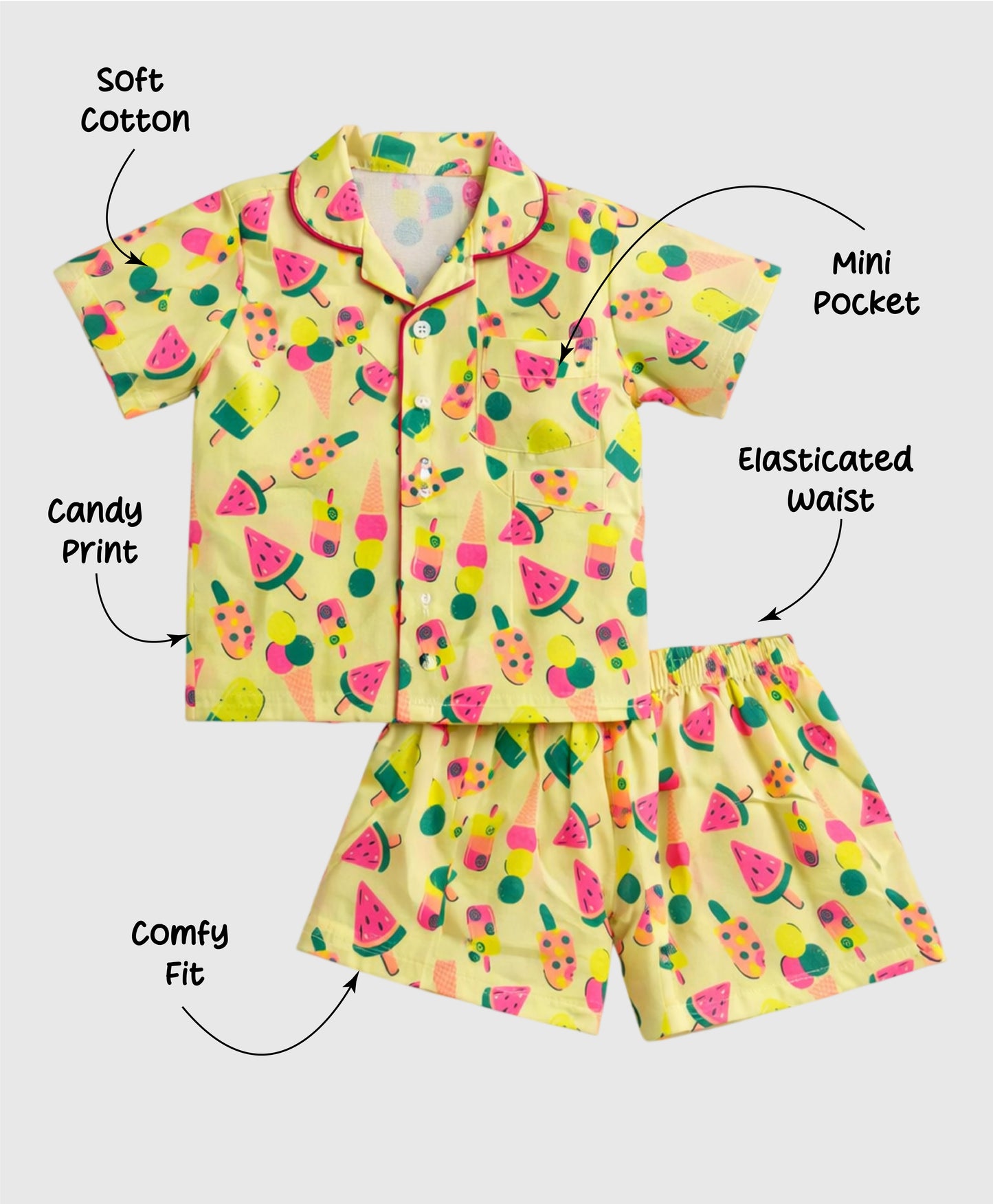 The Magic Wand Cotton Woven Half Sleeves Sweet Treats Theme Shirt And Shorts Nightsuit Set - Yellow