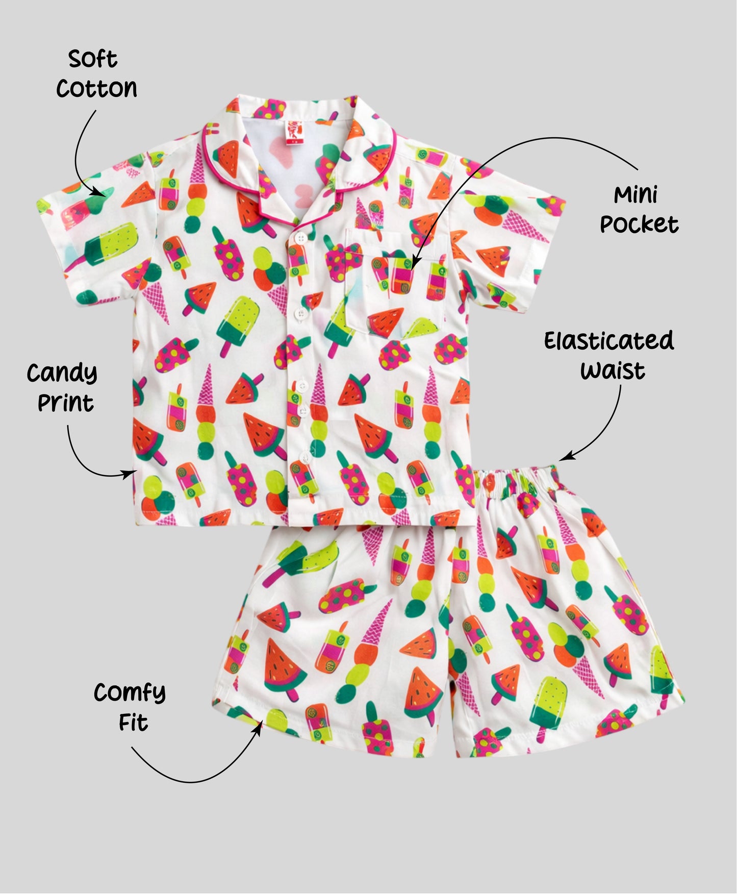 The Magic Wand Cotton Woven Half Sleeves Sweet Treats Theme Shirt And Shorts Nightsuit Set - White