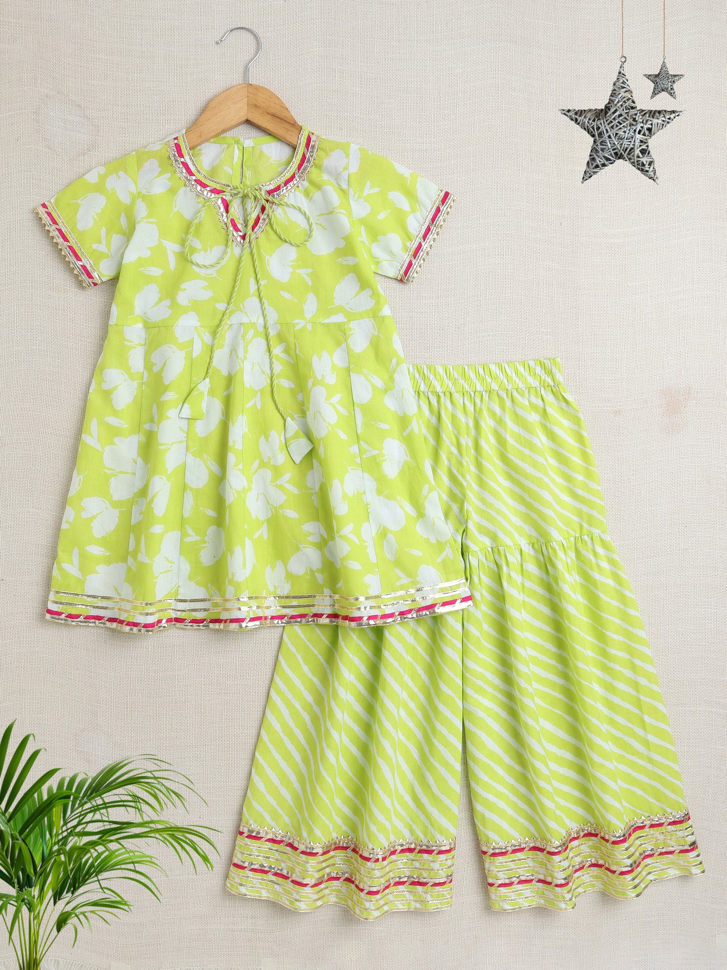 Half Sleeves Floral Kurta with Lace and Palazzo Set- Yellow