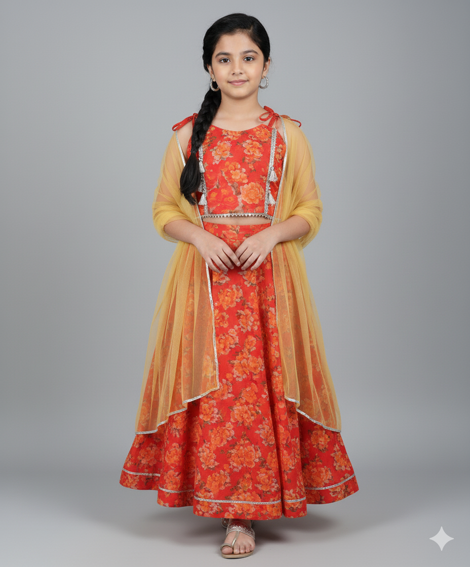 Digital Printed Chanderi Woven Choli and Lehenga Set- Orange