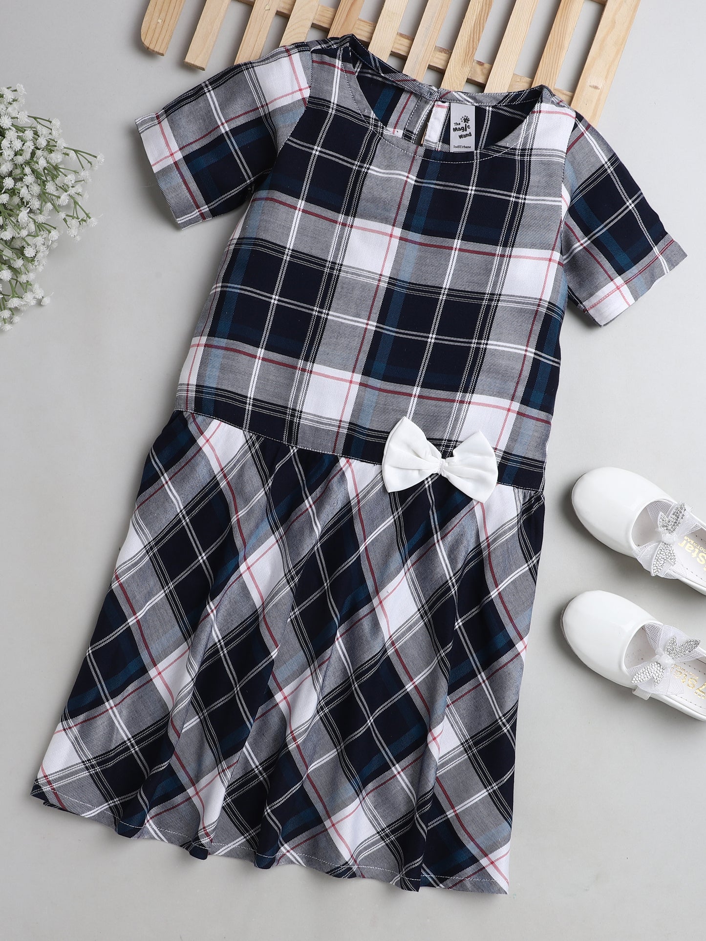 Checked Cap Sleeves Casual Dress With Bow Applique For Girls-Blue, Grey