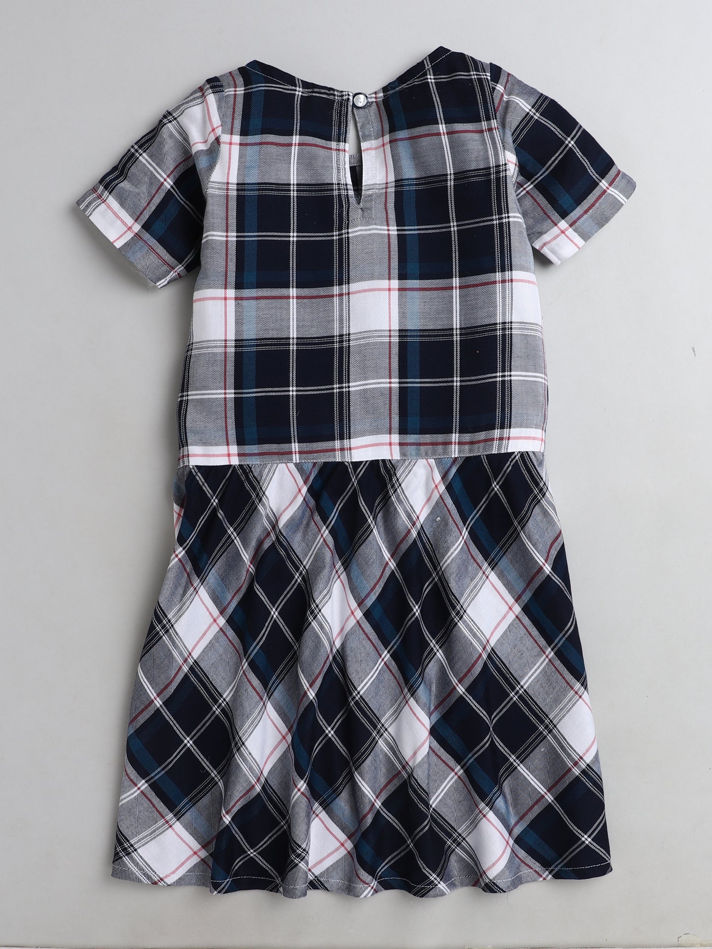 Checked Cap Sleeves Casual Dress With Bow Applique For Girls-Blue, Grey