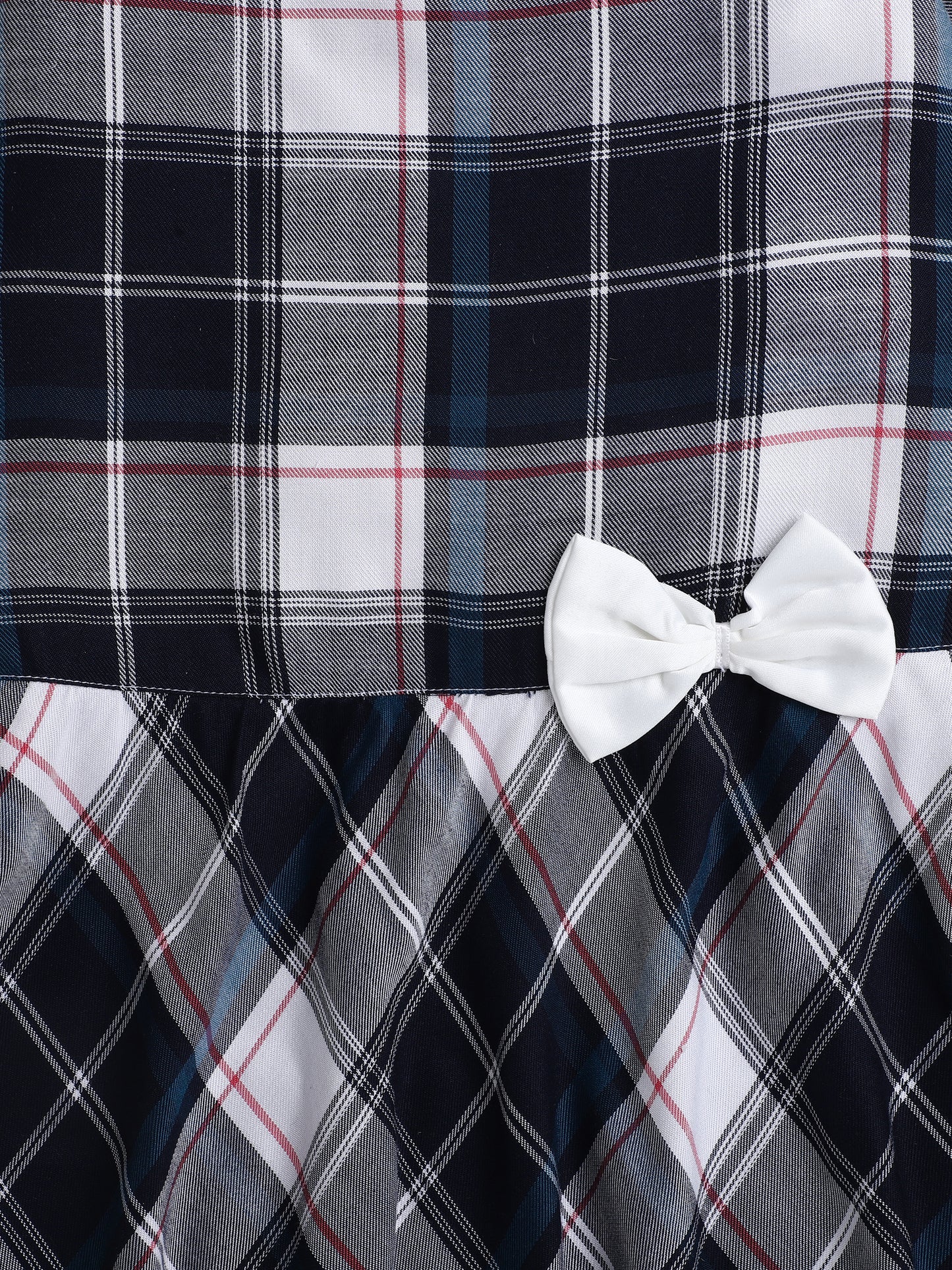 Checked Cap Sleeves Casual Dress With Bow Applique For Girls-Black