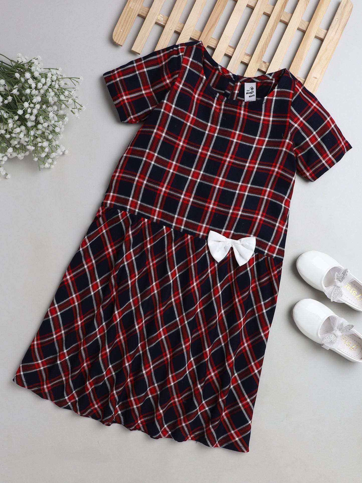 Checked Cap Sleeves Casual Dress With Bow Applique For Girls-Red, Navy Blue