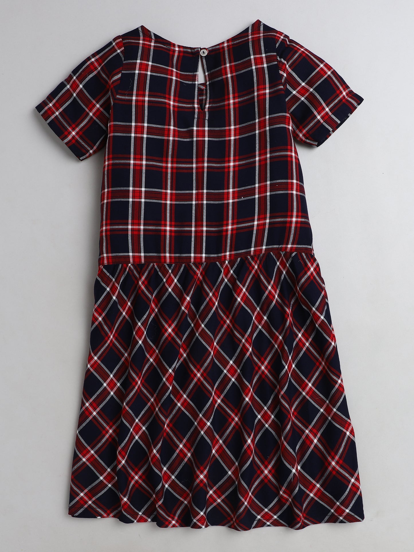 Checked Cap Sleeves Casual Dress With Bow Applique For Girls-Red, Navy Blue