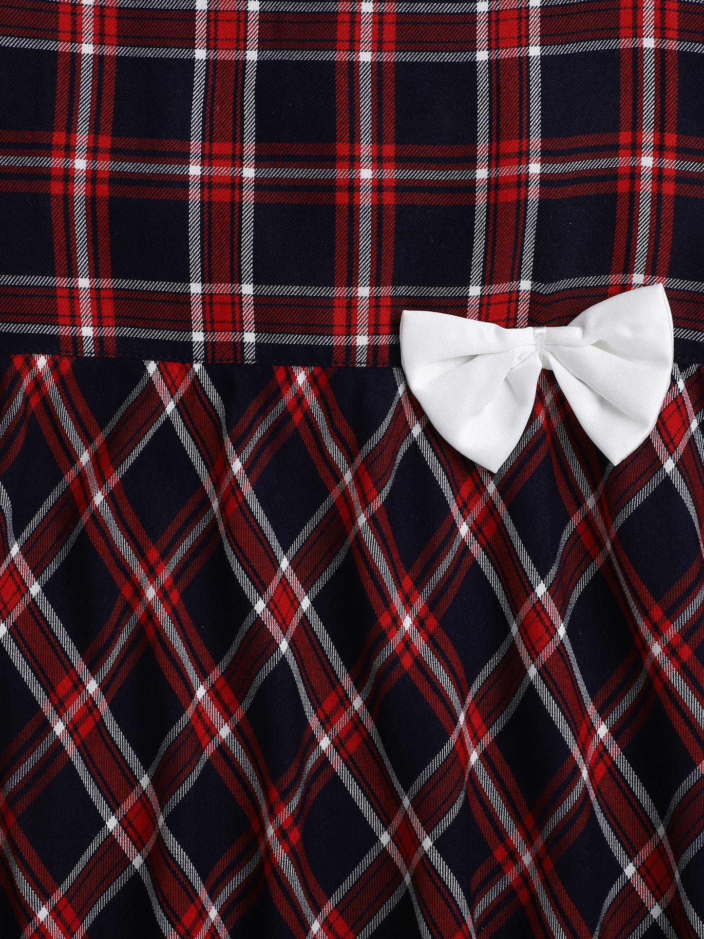 Checked Cap Sleeves Casual Dress With Bow Applique For Girls-Red, Navy Blue