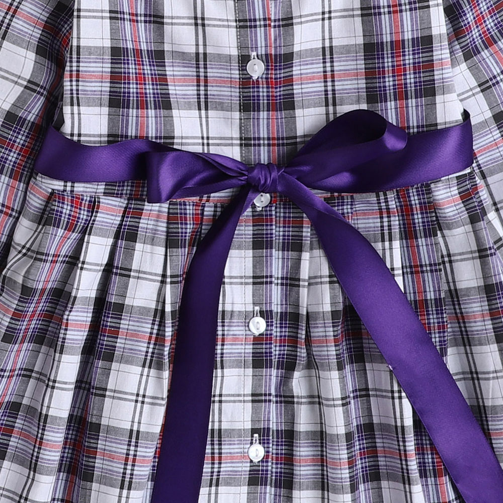 The Magic Wand Chex Shirt Collar Full Sleeves Dress With Attached Lace Belt-Purple
