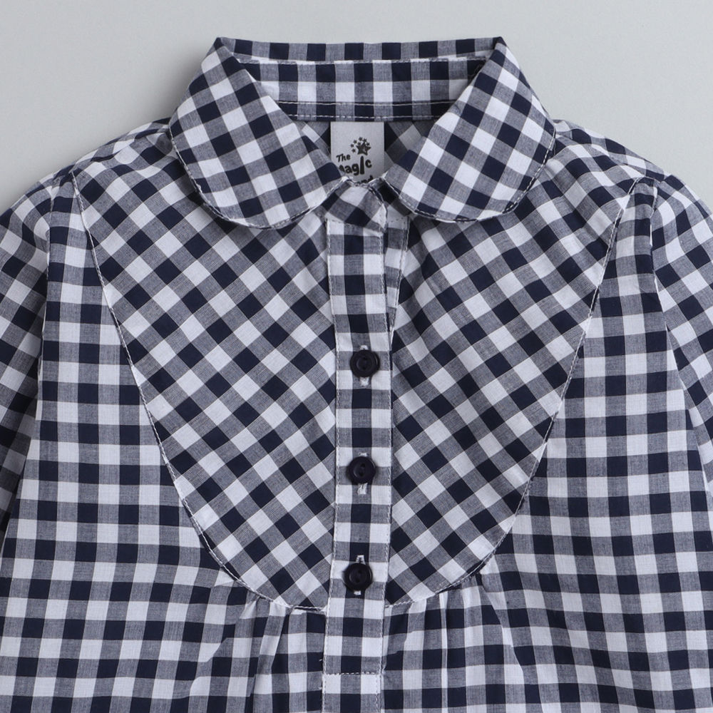 Chex Shirt Collar Full Sleeves Dress-Navy Blue