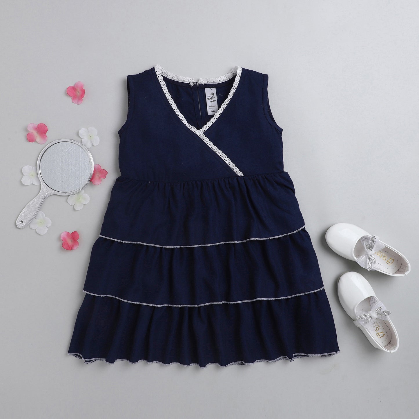 Ruffled Layer Sleeveless Lace Dress-Navy