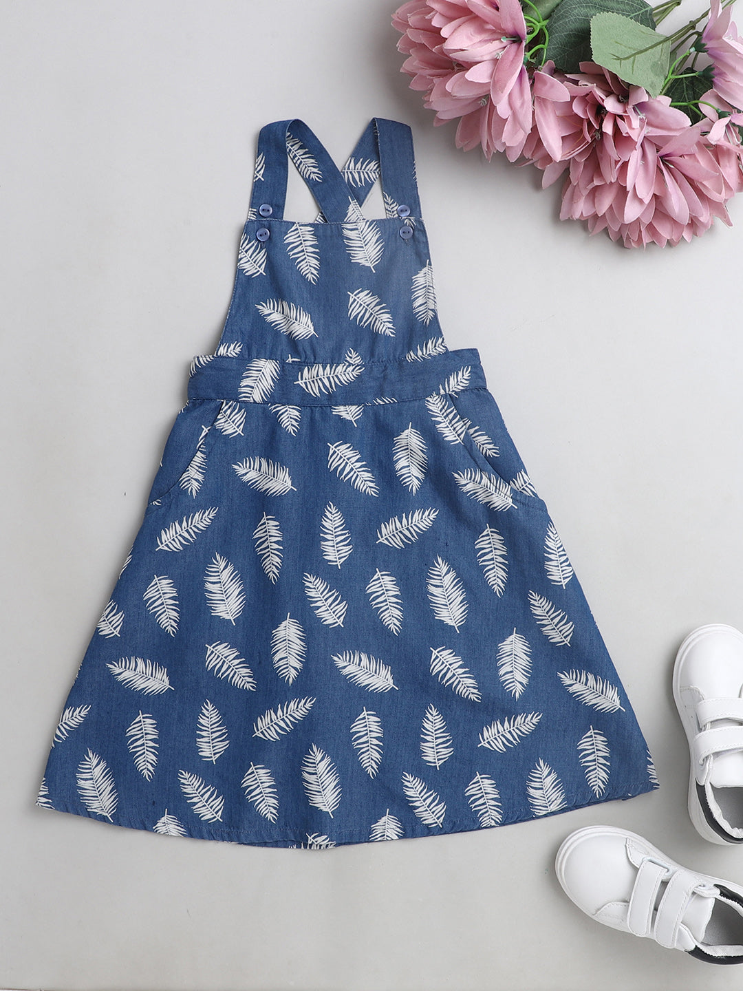 Floral Printed Sleeveless Pinafore Dress- Indigo