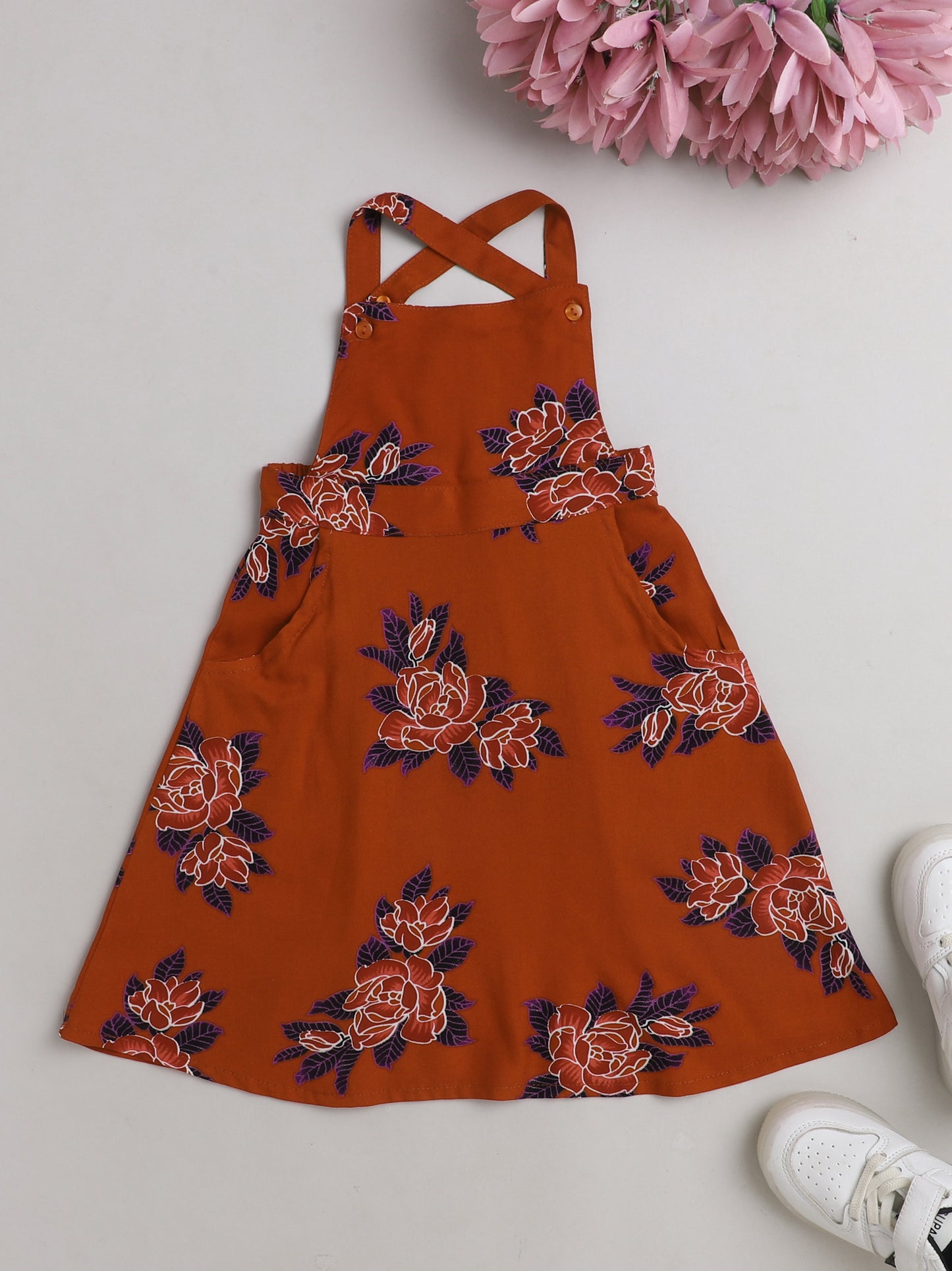 Floral Printed Sleeveless Pinafore Dress-Rust
