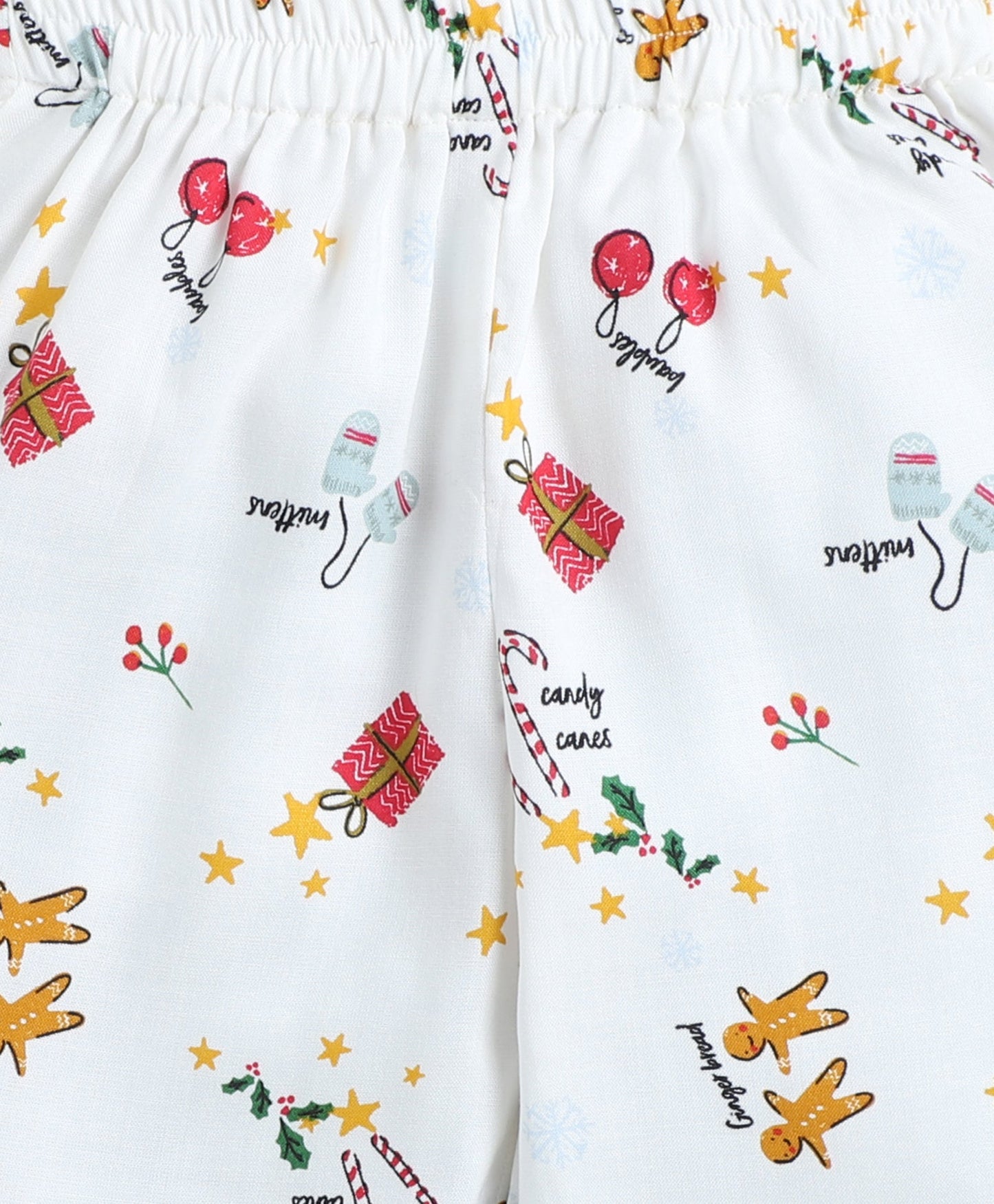 Christmas Theme Rayon Woven Full Sleeves Xmas Candy Cane Coordinating Night Suit Set-White