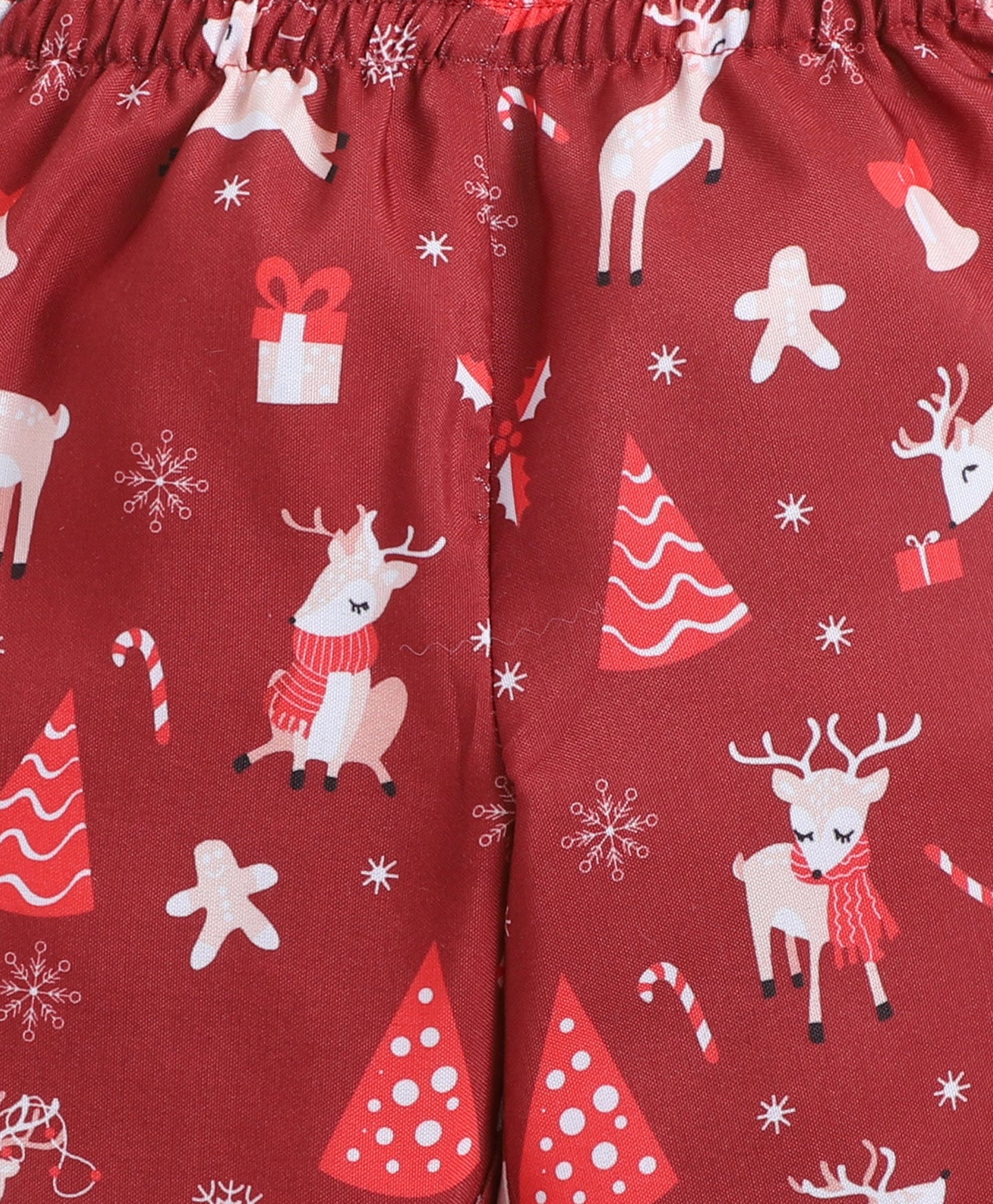 Christmas Theme Woven Full Sleeves Reindeer Printed Coordinating Night Suit Set-Maroon
