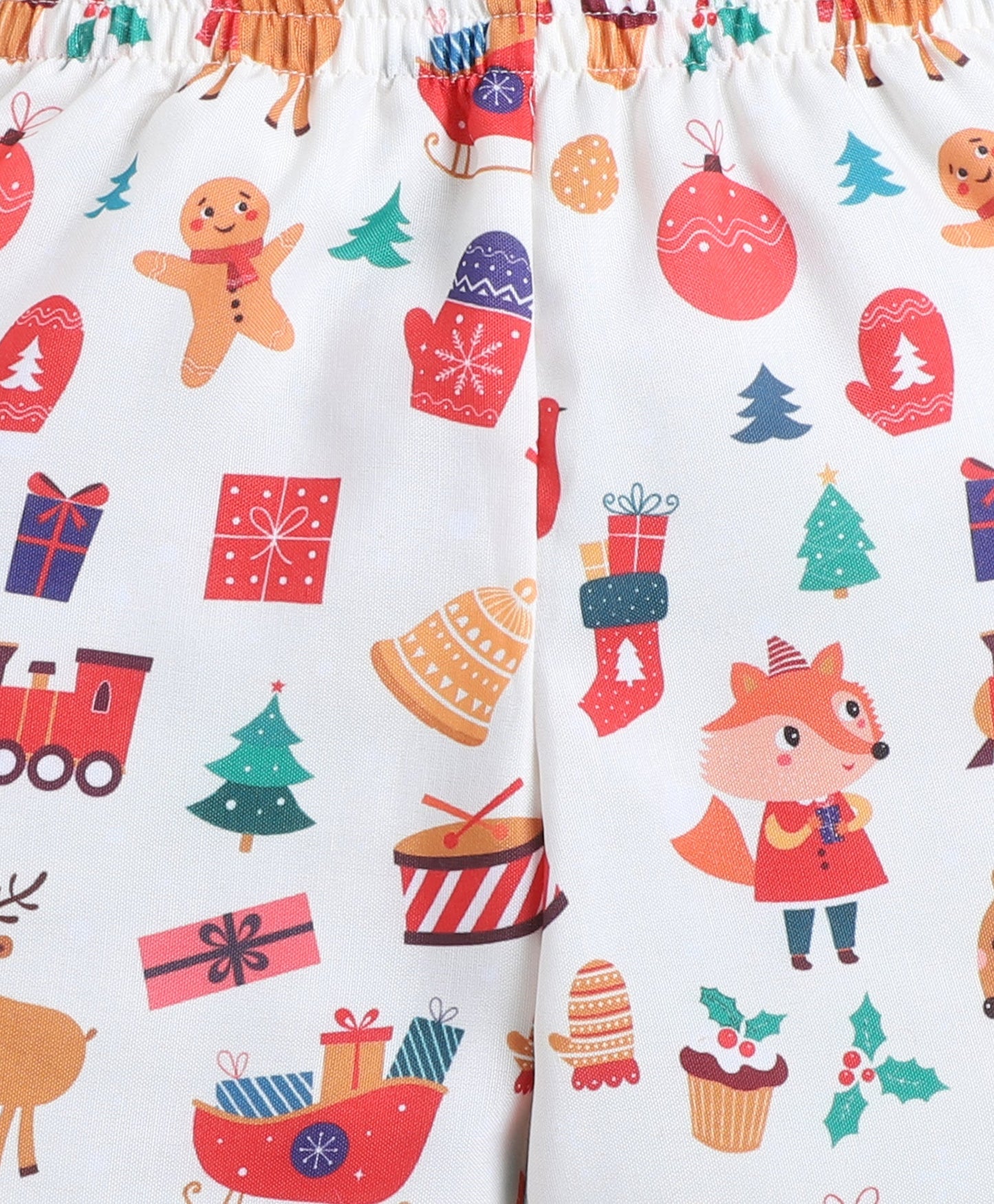 Christmas Theme Woven Full Sleeves Xmas Tree Printed Coordinating Night Suit Set-White