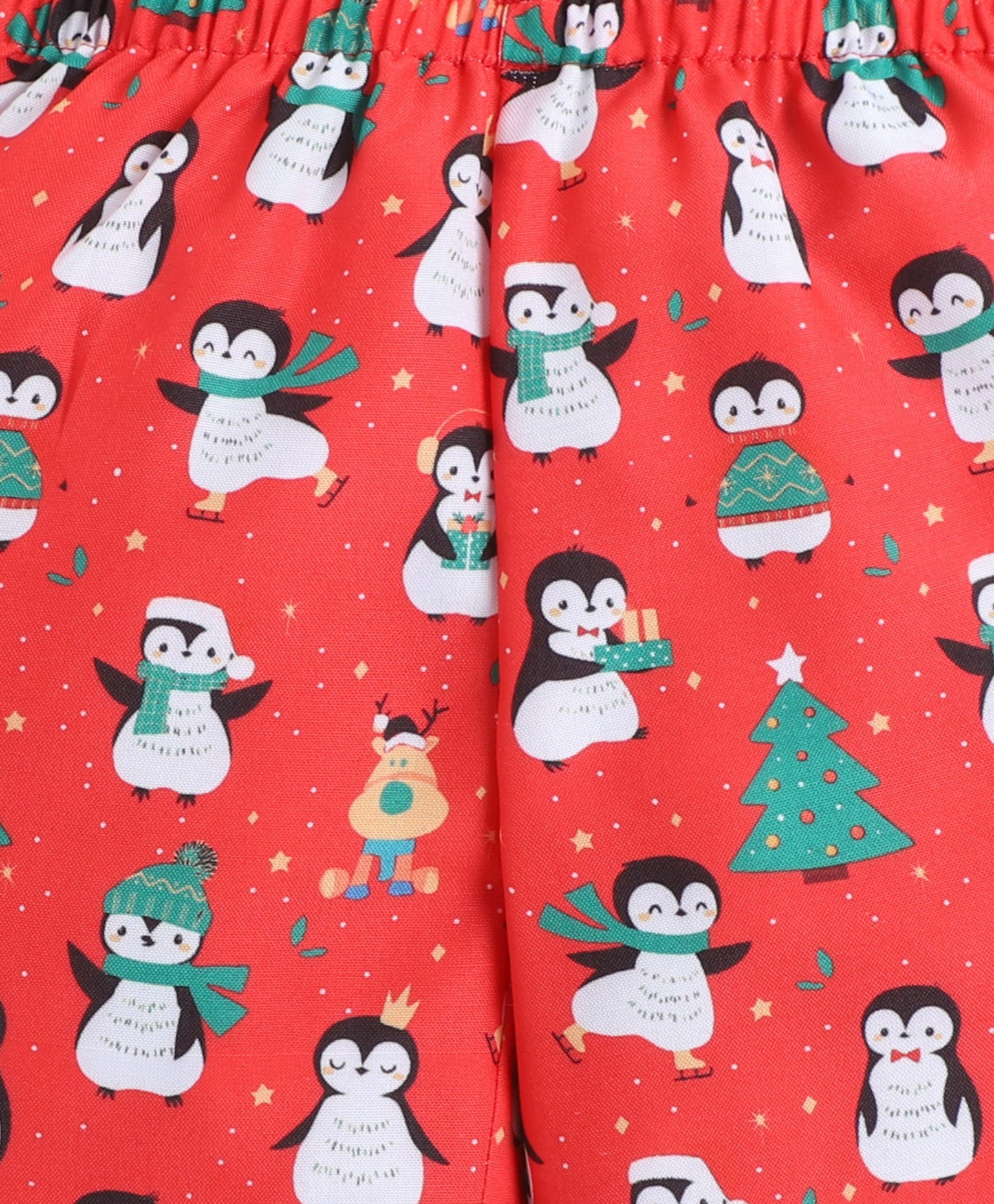 Christmas Theme Woven Full Sleeves Penguin Printed Coordinating Night Suit Set-Red