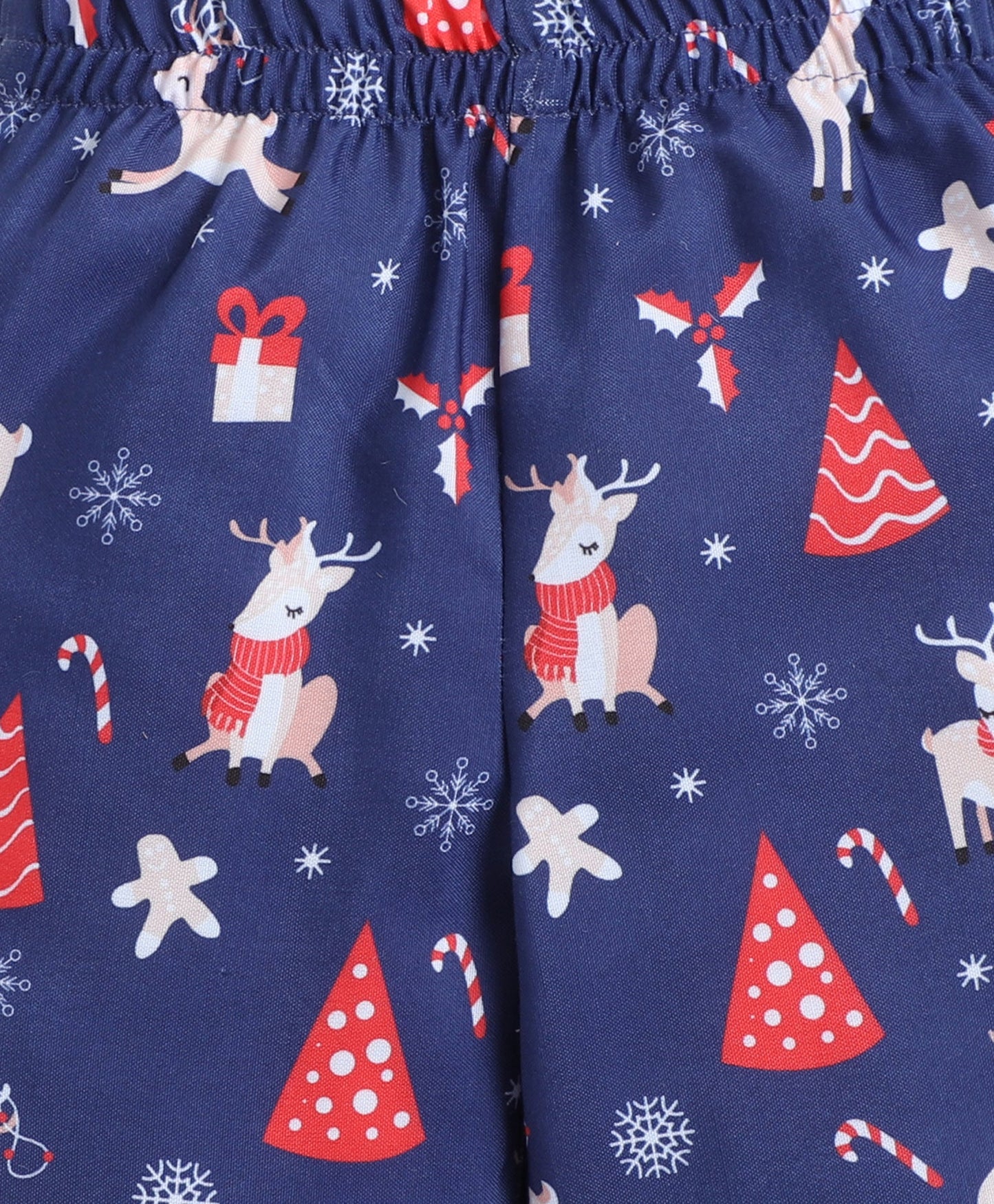 Christmas Theme Woven Full Sleeves Xmas Tree Printed Coordinating Night Suit Set-Navy Blue