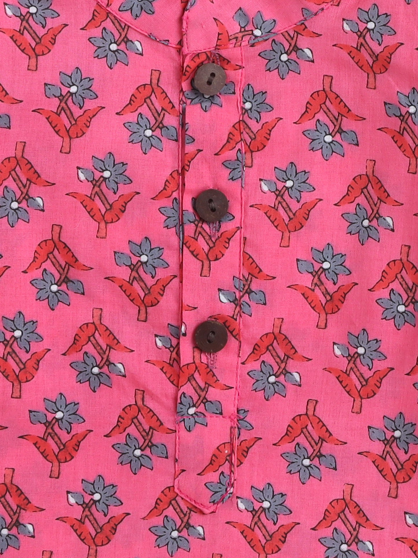 Cotton Floral Printed Mandarin Collar Full Sleeves Kurta with pyjama set-Pink