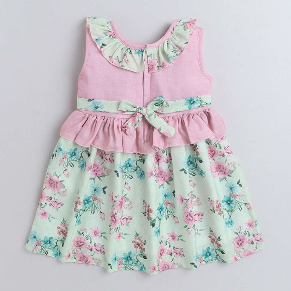 Sleeveless Floral Printed Ruffle On Neck With Bow Dress For Girls-Pink